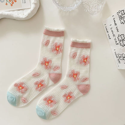 Anna-Kaci Women's Sheer Floral Embroidered Ankle Socks with Ruffle Cuff 6Pk