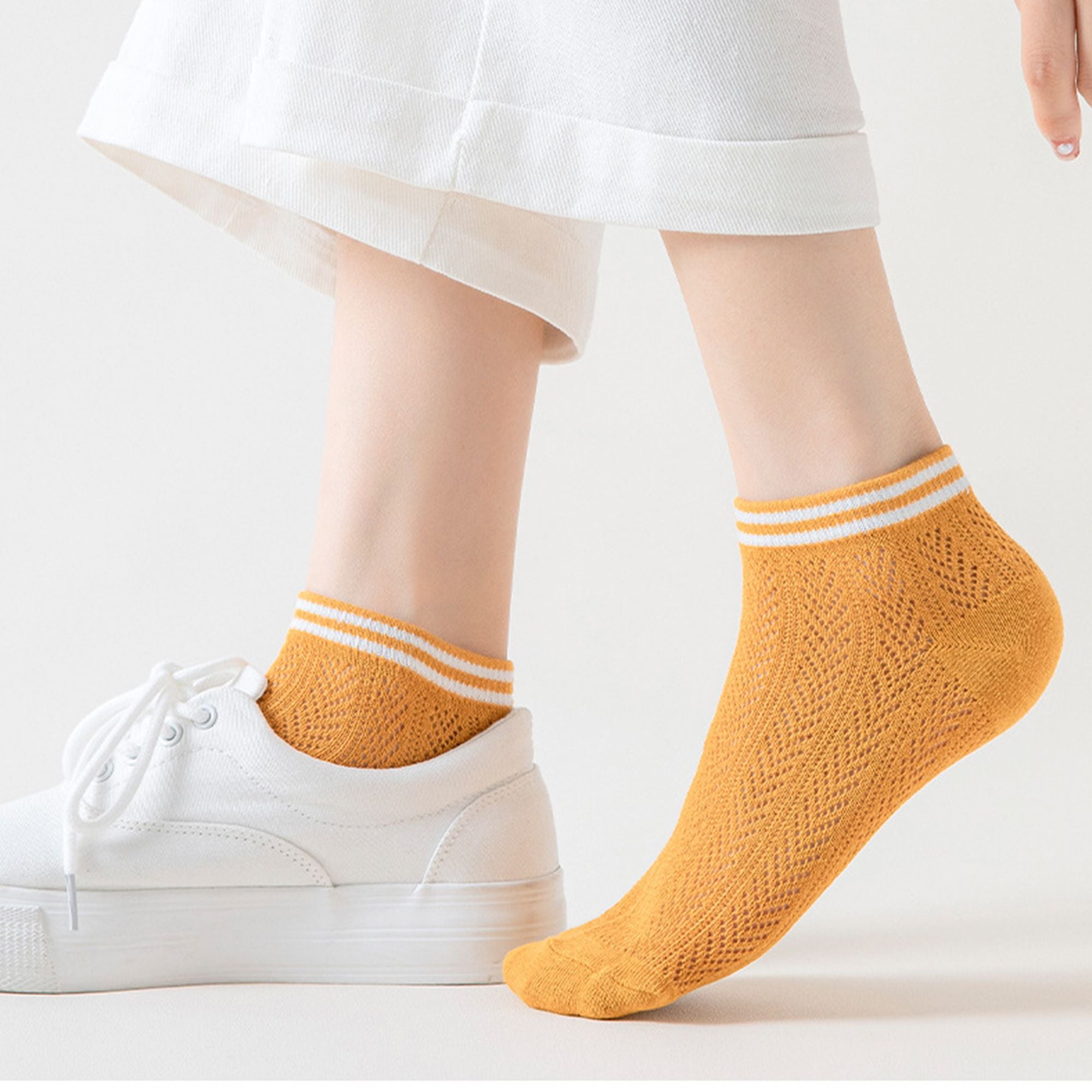 Anna-Kaci Women's 4-Pair Pack Lightweight Mesh Ankle Socks with Striped Cuffs Breathable Knit Texture
