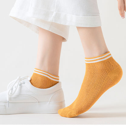 Anna-Kaci Women's 4-Pair Pack Lightweight Mesh Ankle Socks with Striped Cuffs Breathable Knit Texture