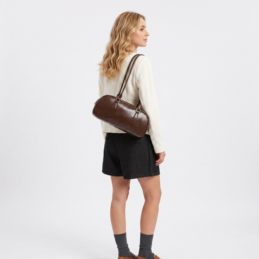 East West Faux Leather Bowler Shoulder Bag with Double Handles and Zip Closure