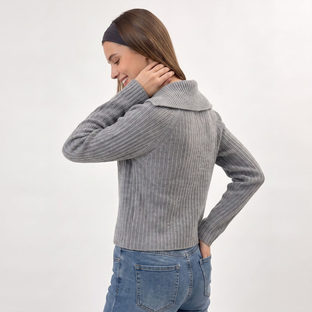 Ribbed Wide Collar Zip-Front Cardigan Sweater