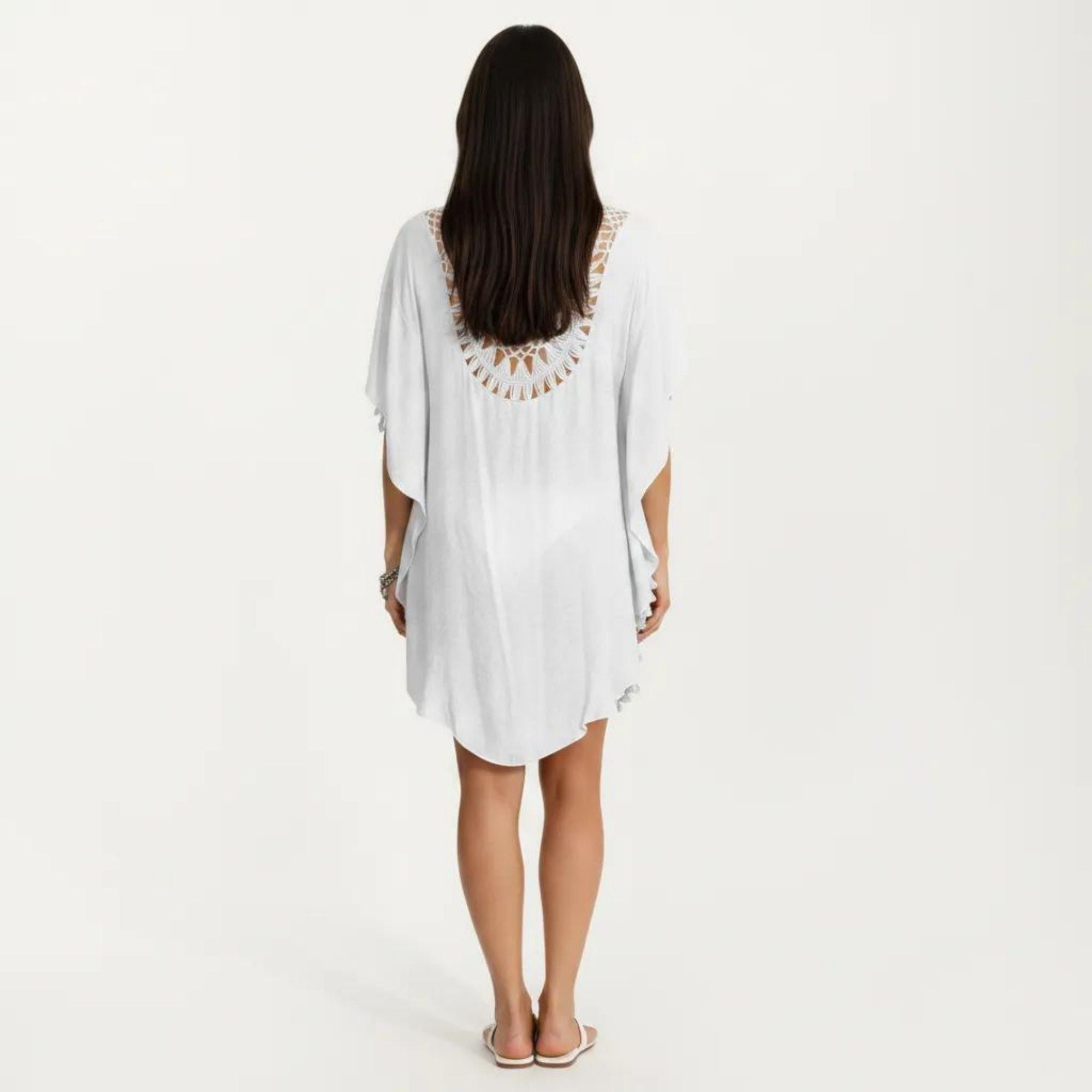Anna-Kaci Women's Crochet Medallion Swim Cover Up Dress with Tassel Trim and Relaxed Boho Silhouette