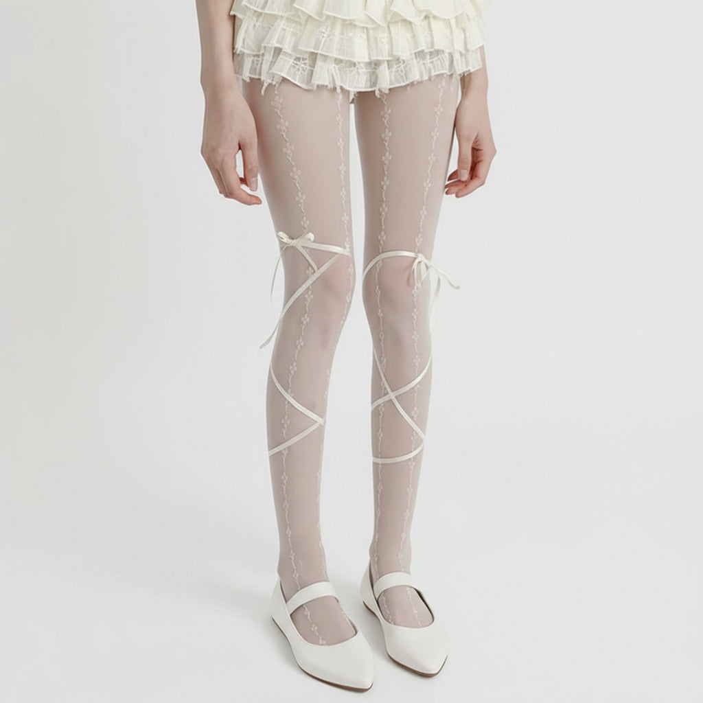 Anna-Kaci Women's Sheer Lace Pattern Tights with Ribbon Bow Wrap Detail and Stretch Fit