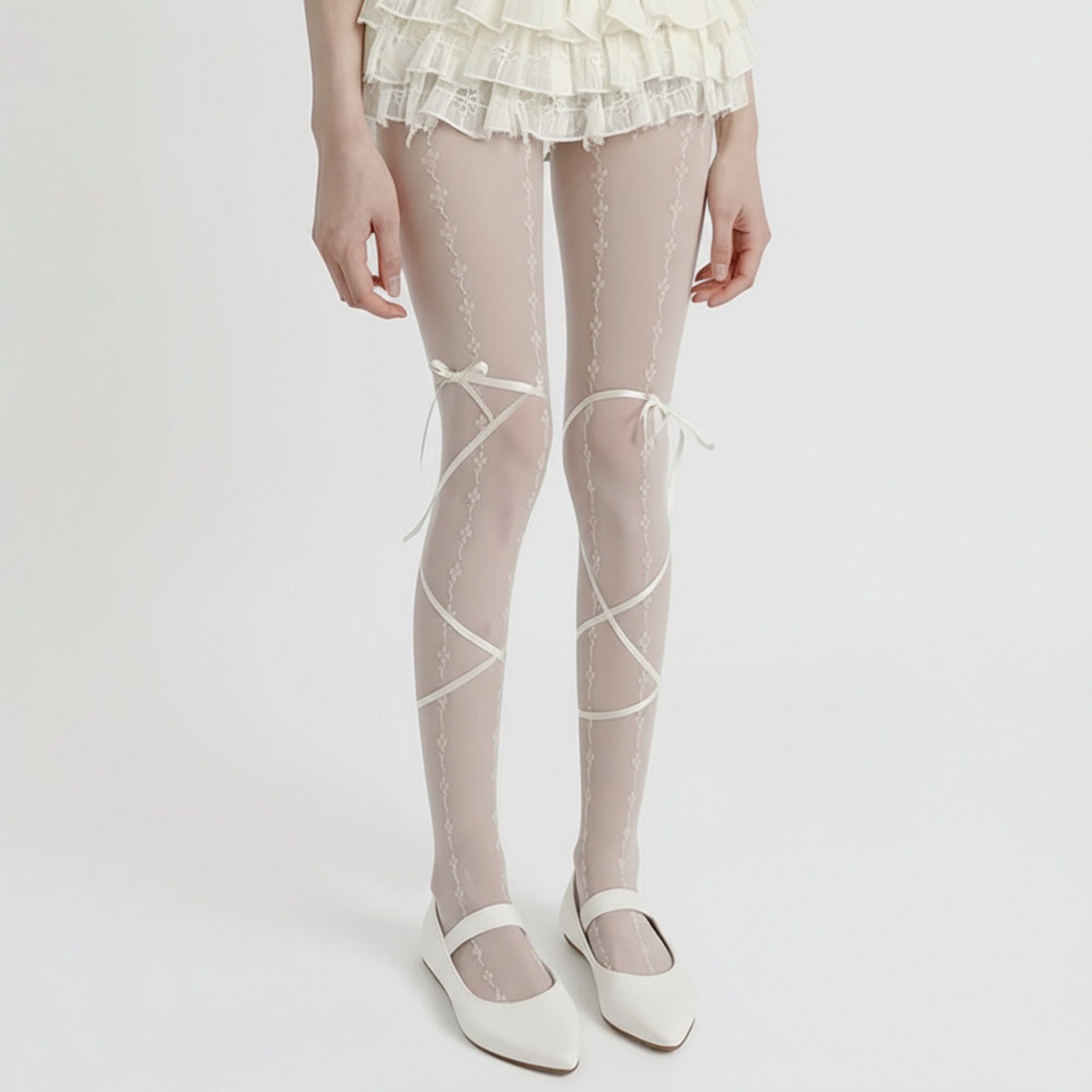 Anna-Kaci Women's Sheer Lace Pattern Tights with Ribbon Bow Wrap Detail and Stretch Fit