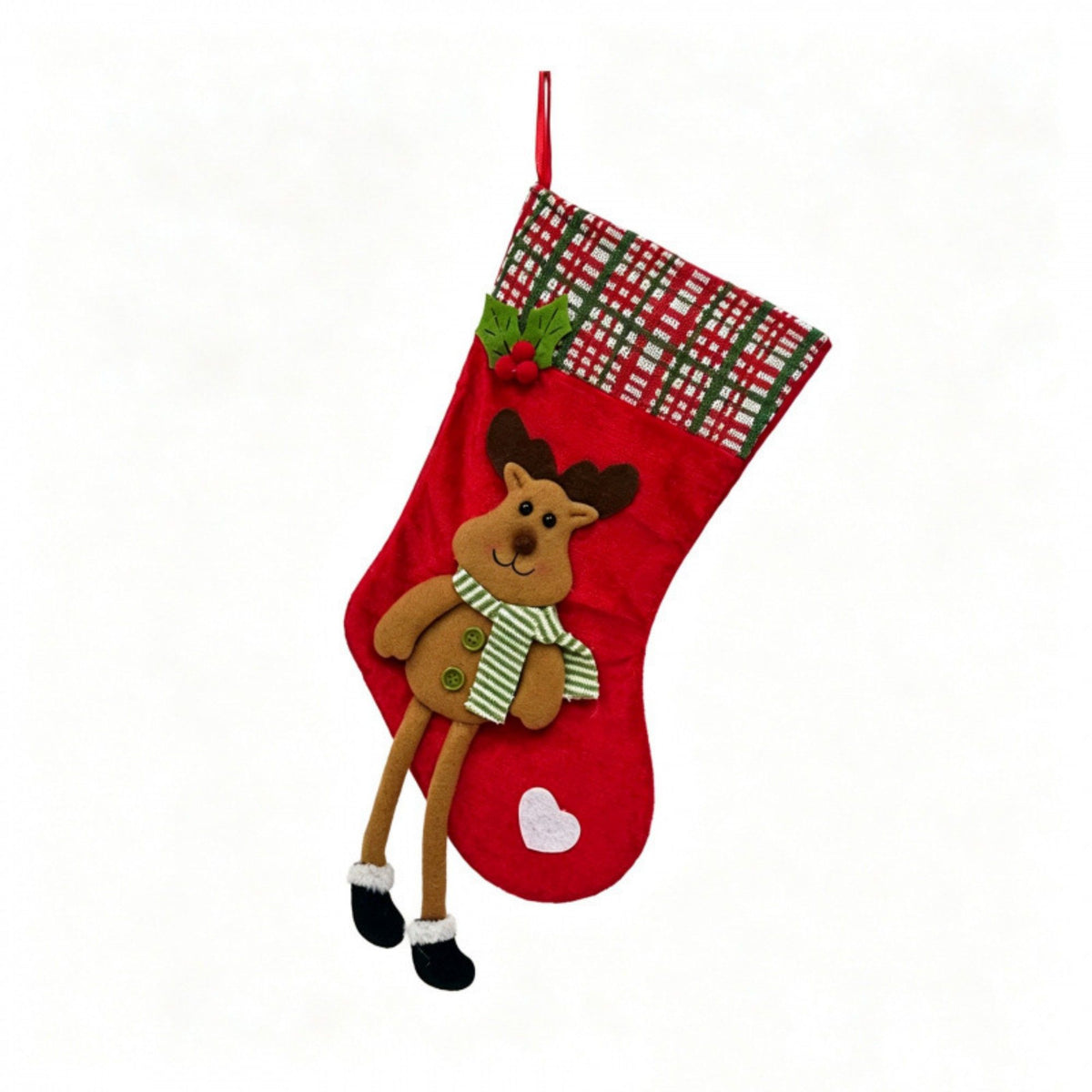 1 Piece Christmas Stocking with Plush Character and Plaid Cuff Hanging Holiday Decoration