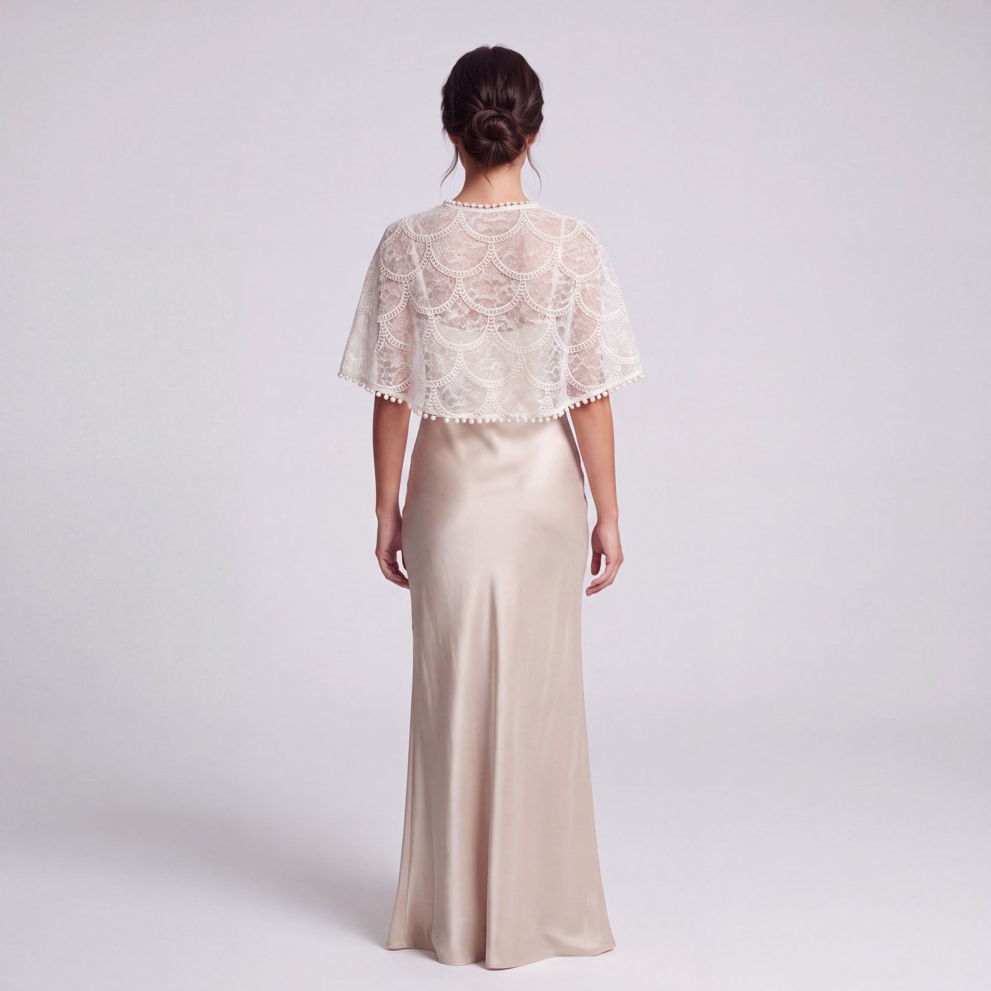 Sheer Floral Lace Pearl Trim Capelet Shrug with Open Front, Scalloped Pattern and Draped Short Sleeves 17.7*9.8In