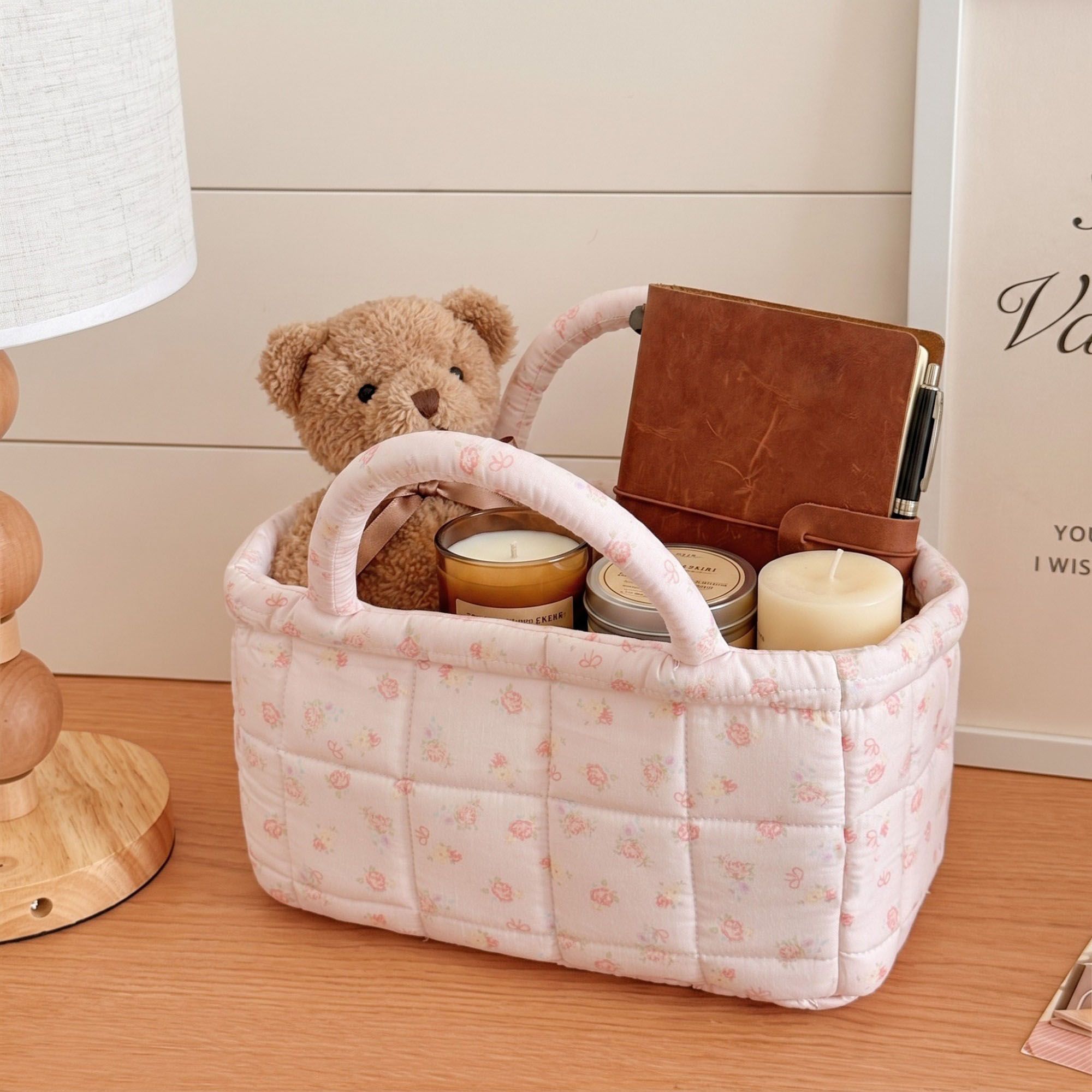 Floral Floral Quilted Storage Basket Tote with Padded Handles