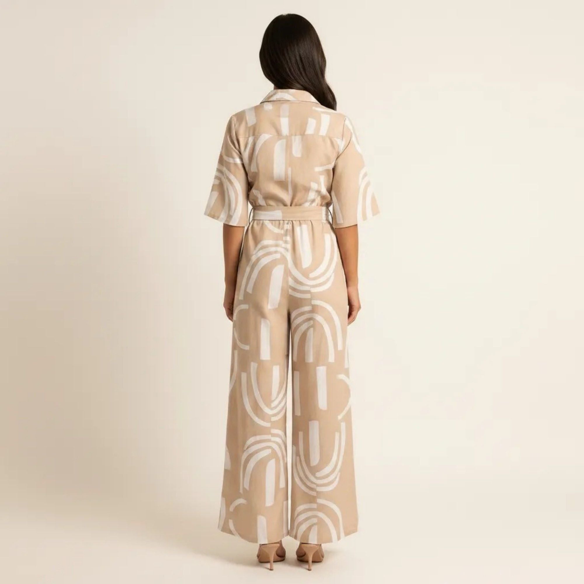 Anna-Kaci Women's Printed Wide Leg Jumpsuit Button Front Short Sleeve Tie Waist Relaxed Fit One Piece