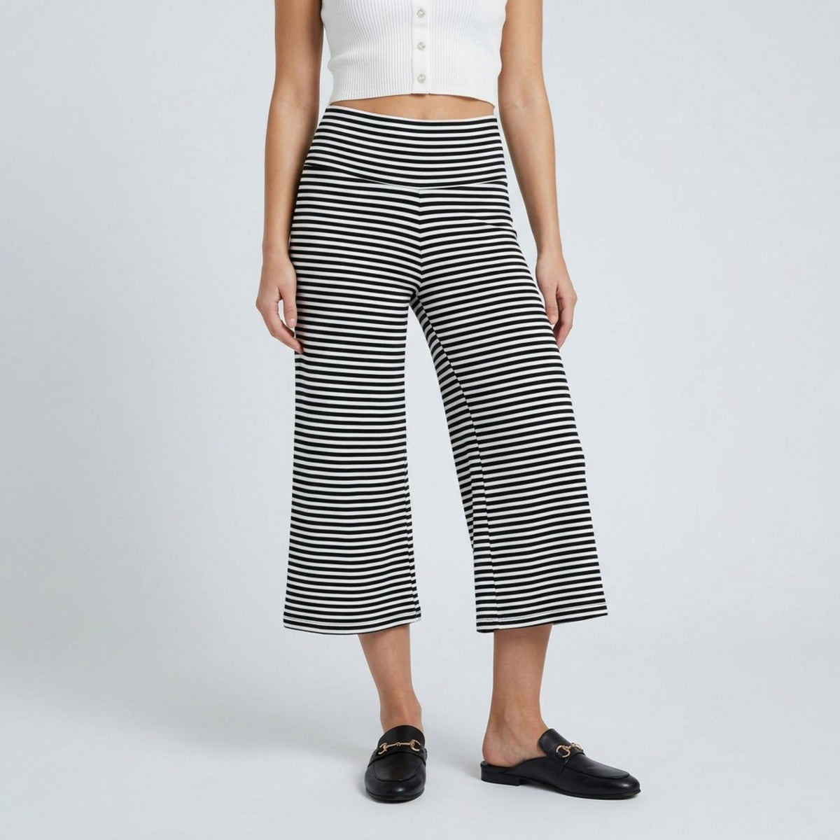 Foldover Waistband Striped Cropped Wide-Leg Trousers