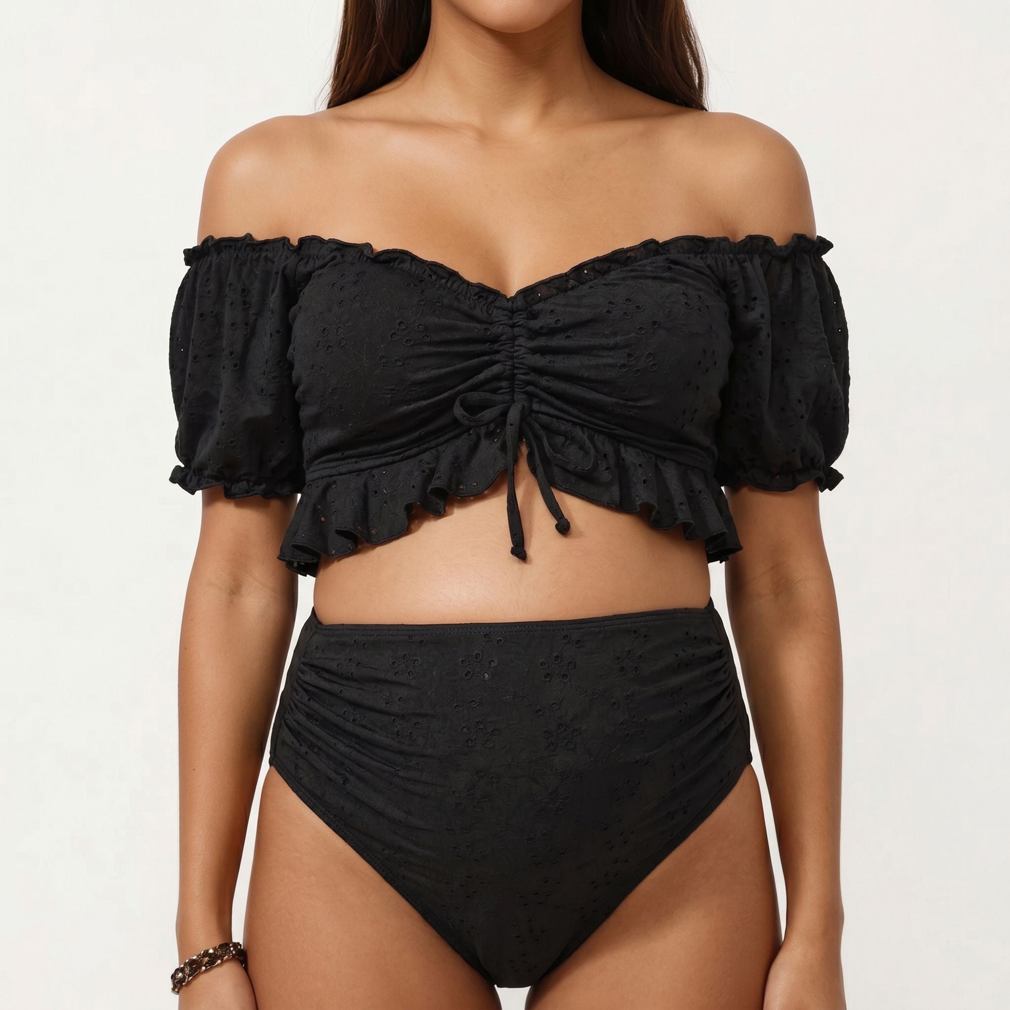 Anna-Kaci Swim Women's Maternity Off-Shoulder Ruffle Top with High-Waisted Bottom Bikini Set