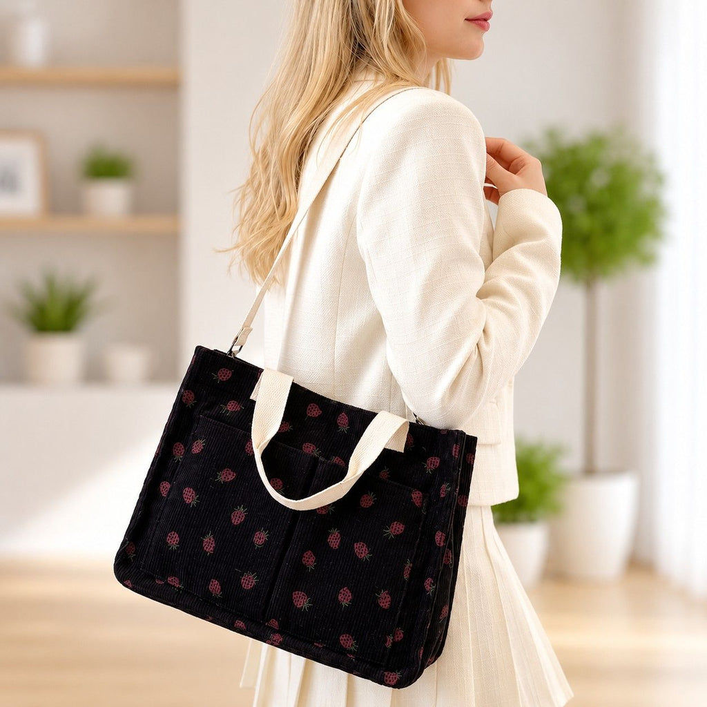 Canvas Strawberry Print Tote Bag with Shoulder Strap and Side Pockets