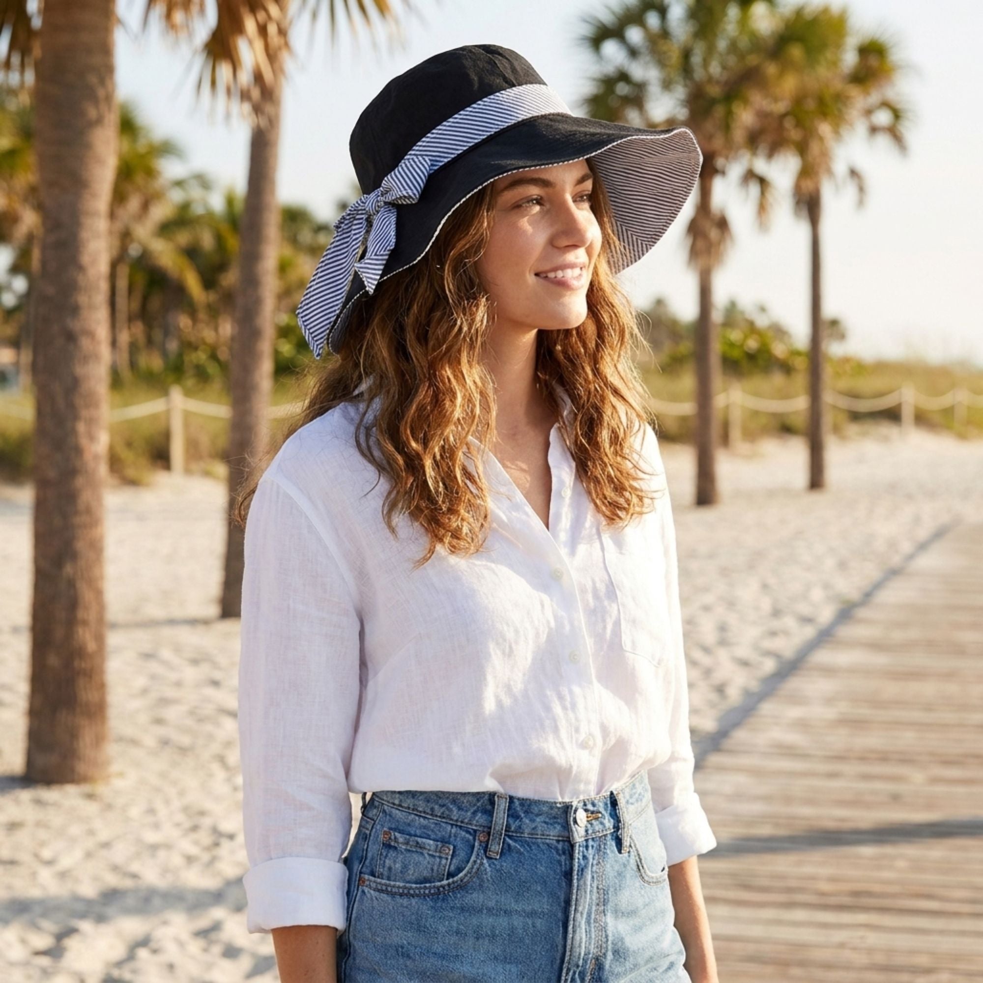 Foldable Wide Brim Sun Hat with Bow Tie