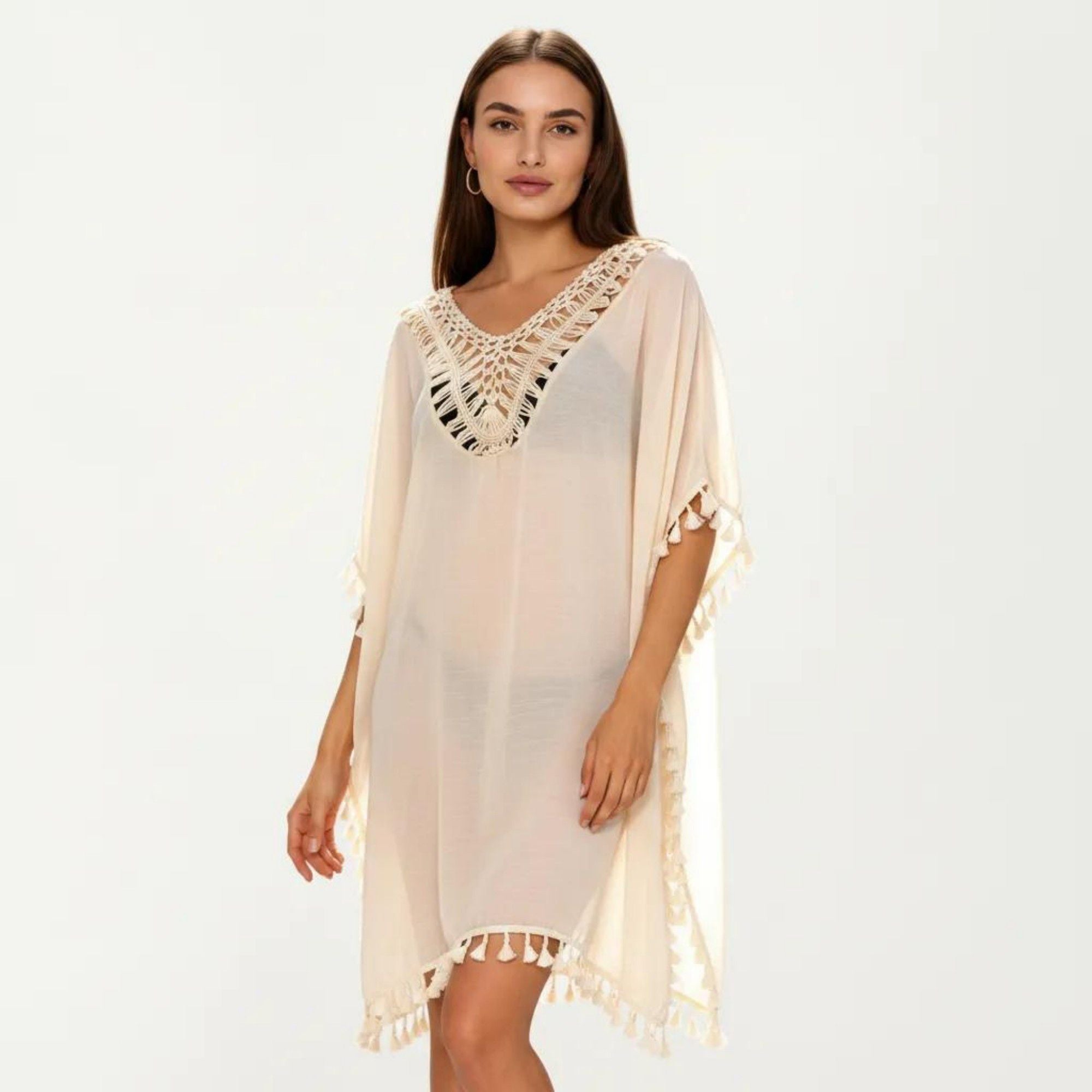 Anna-Kaci Women's Sheer Crochet V Neck Swim Cover Up Poncho with Tassel Trim and Flowy Silhouette