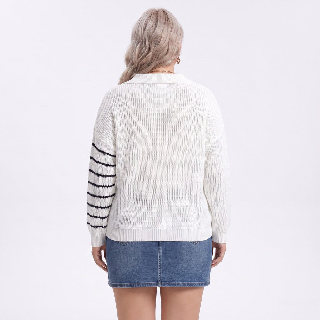 Plus Size Striped Johnny Collar Knit Sweater