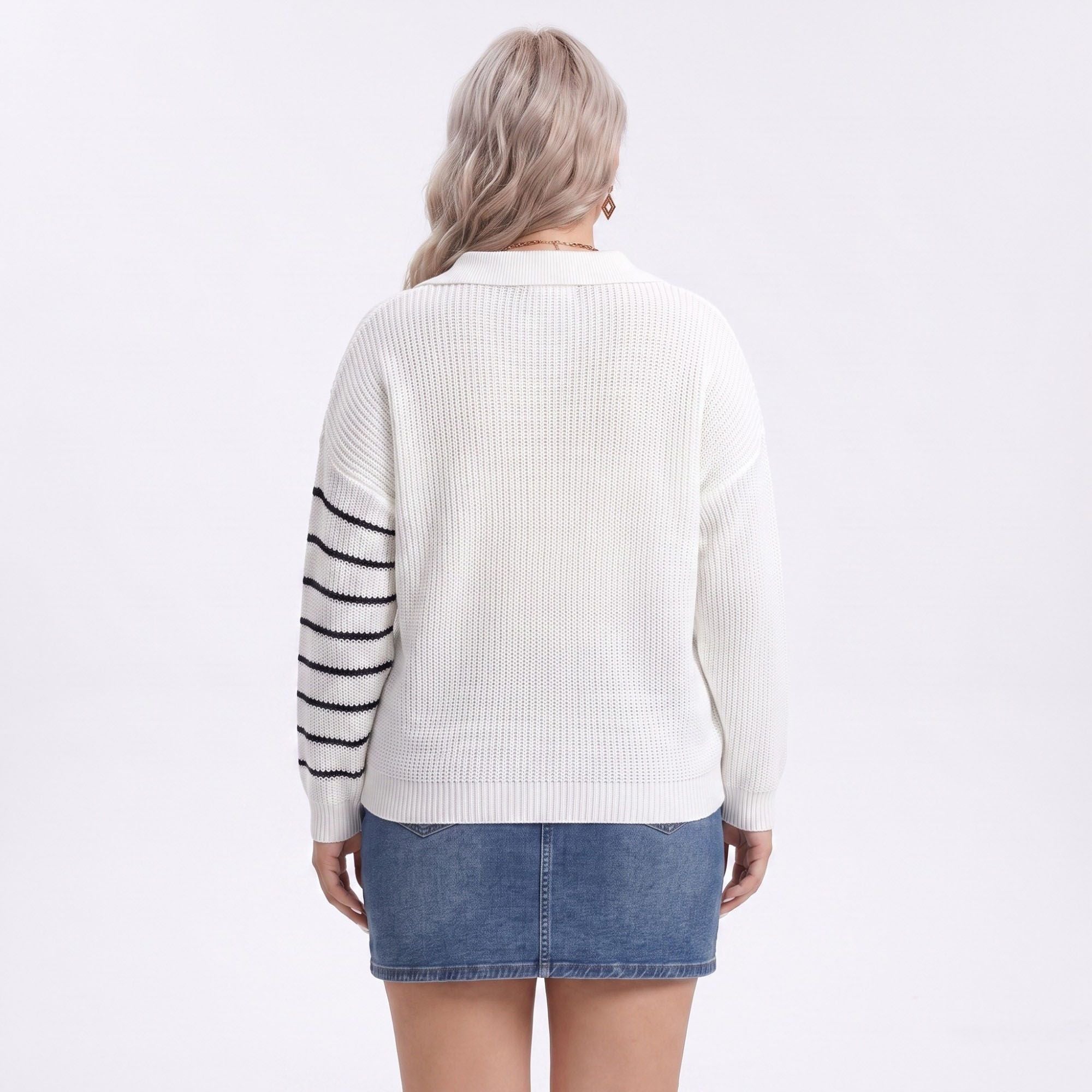 Plus Size Striped Johnny Collar Knit Sweater