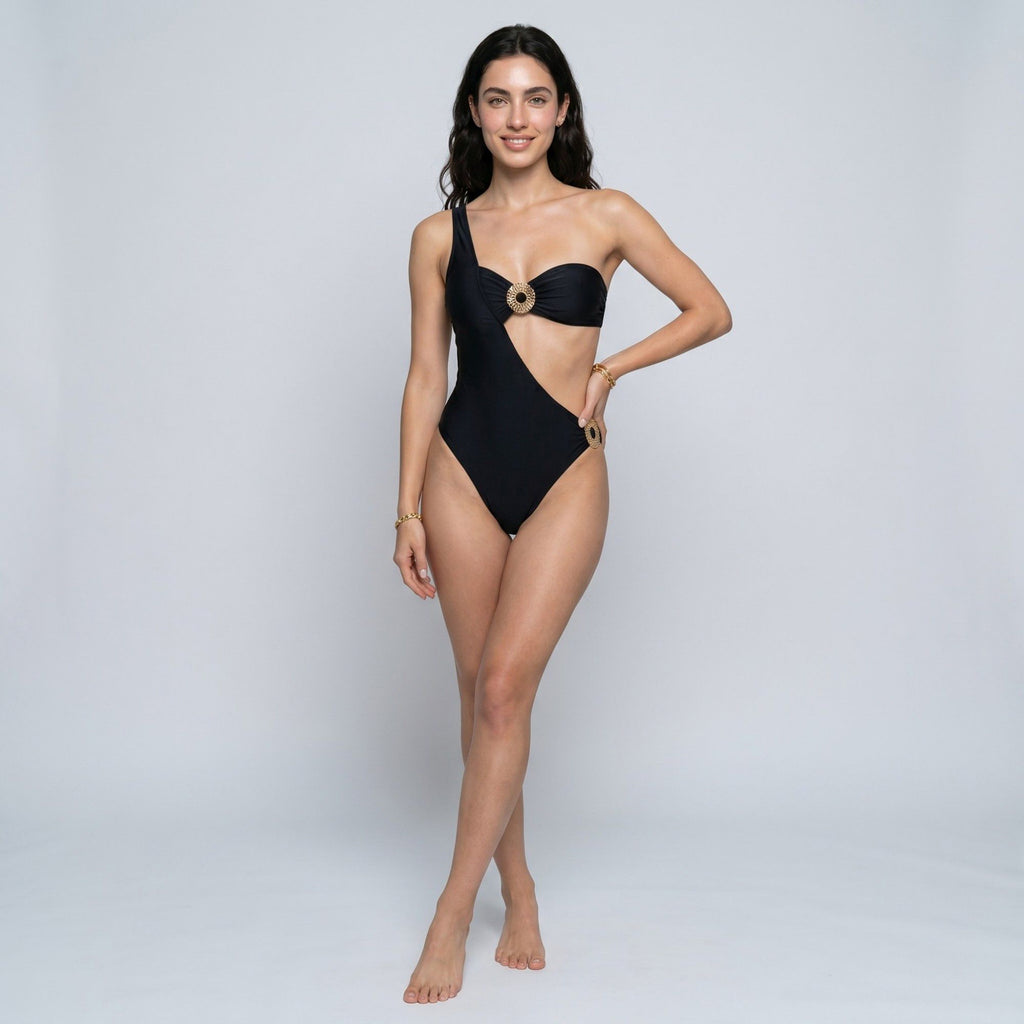 One Shoulder Cutout One Piece Swimsuit with Ruched Bandeau Bust Metal Ring Detail and High Cut Leg