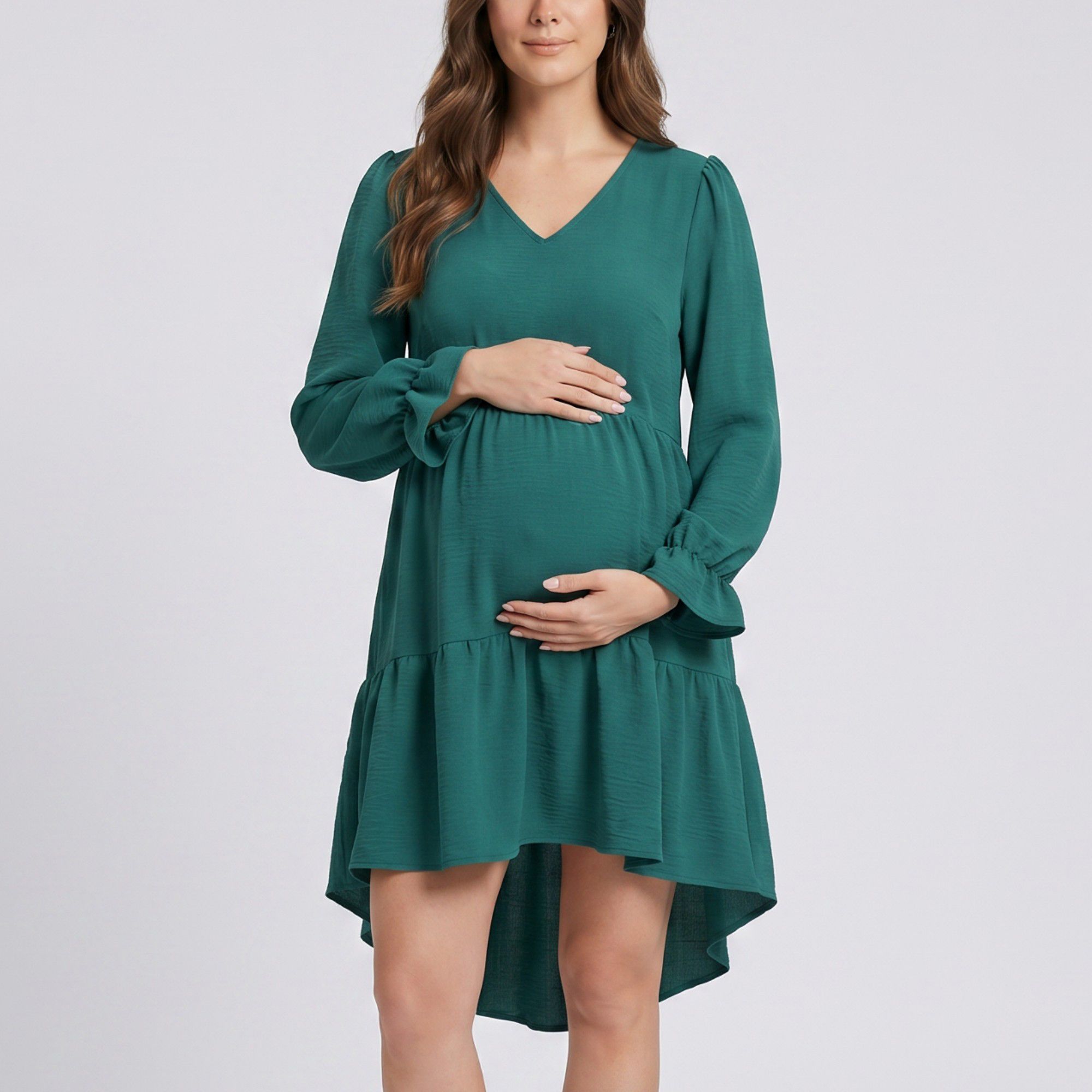 Anna-Kaci Women's Maternity V Neck High Low Mini Dress with Long Sleeves and Tiered Hem