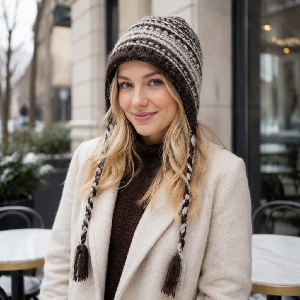 Patterned Knit Beanie with Braided Tassels