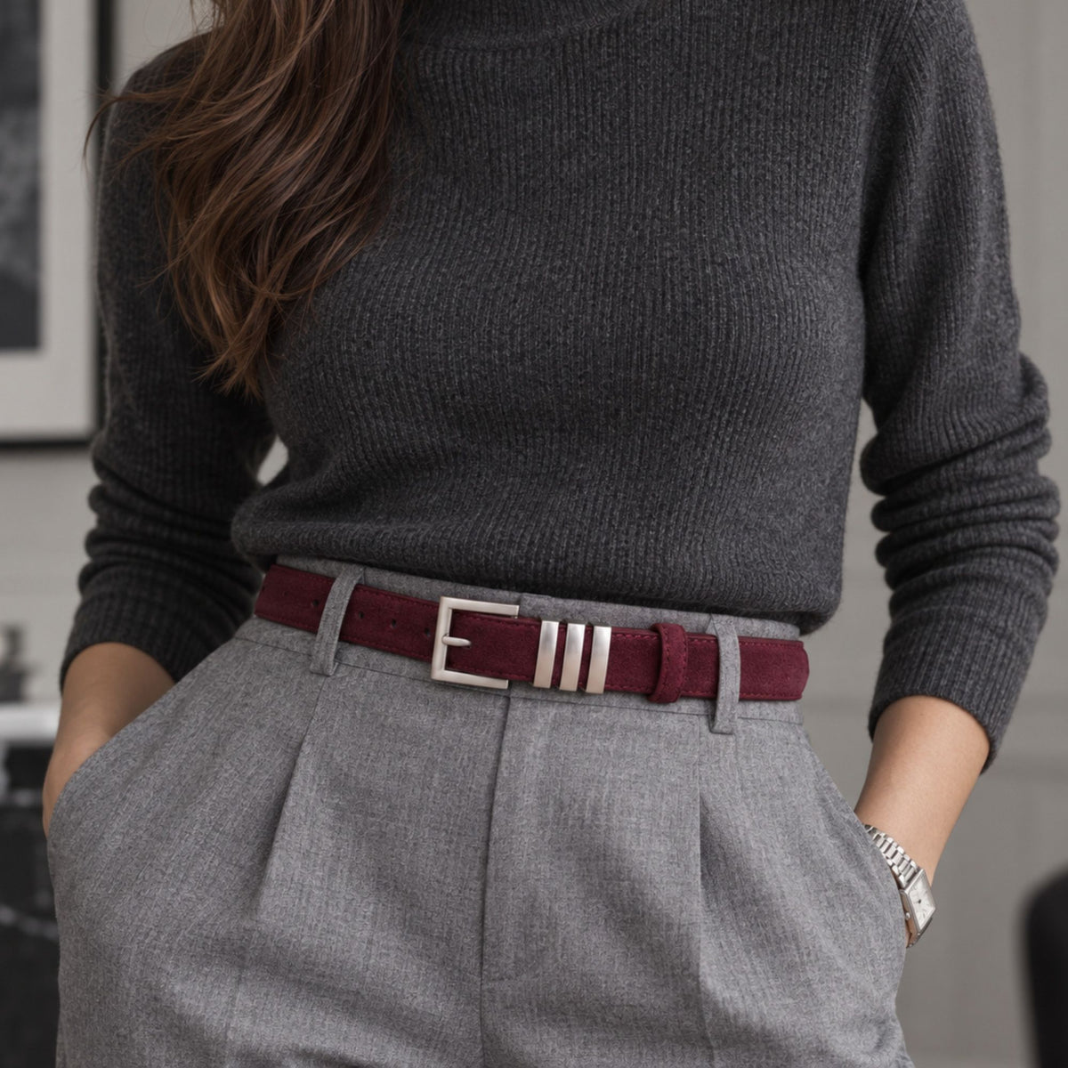 Suede Leather Belt with Silver Tone Bar Accents and Square Buckle 39.4in