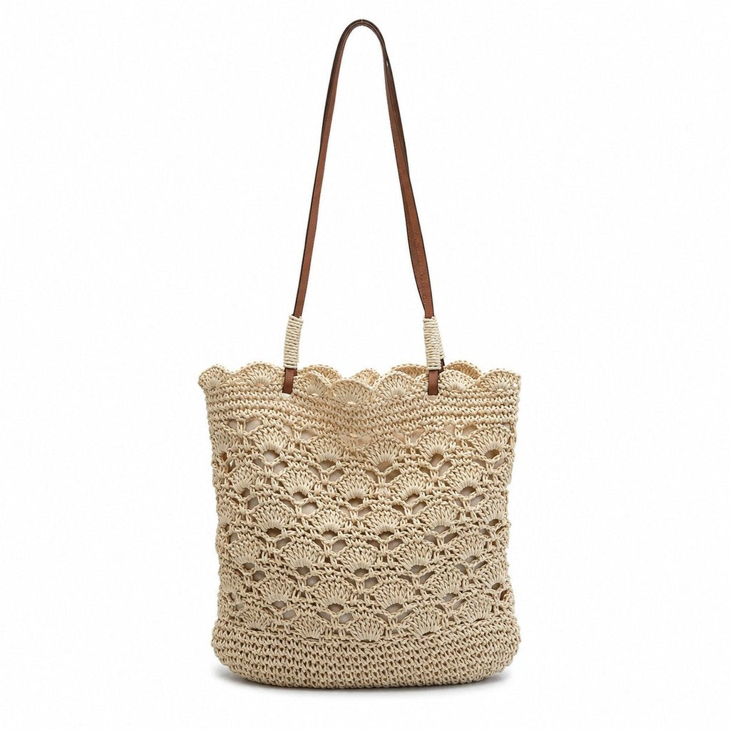 Crochet Woven Shoulder Bag with Zip Closure and Scalloped Bucket Shape