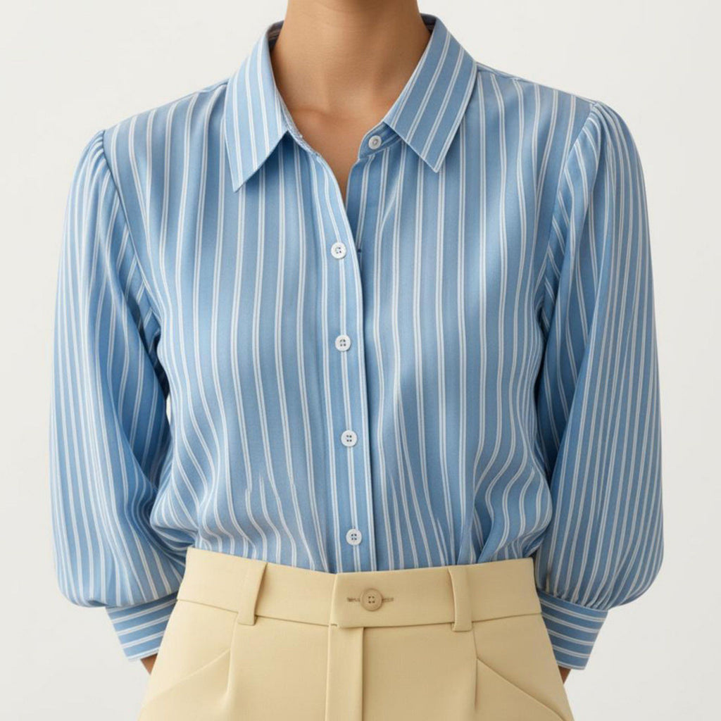 Anna-Kaci Women's Striped Button Down Blouse with Collared Neckline and Puff Sleeves