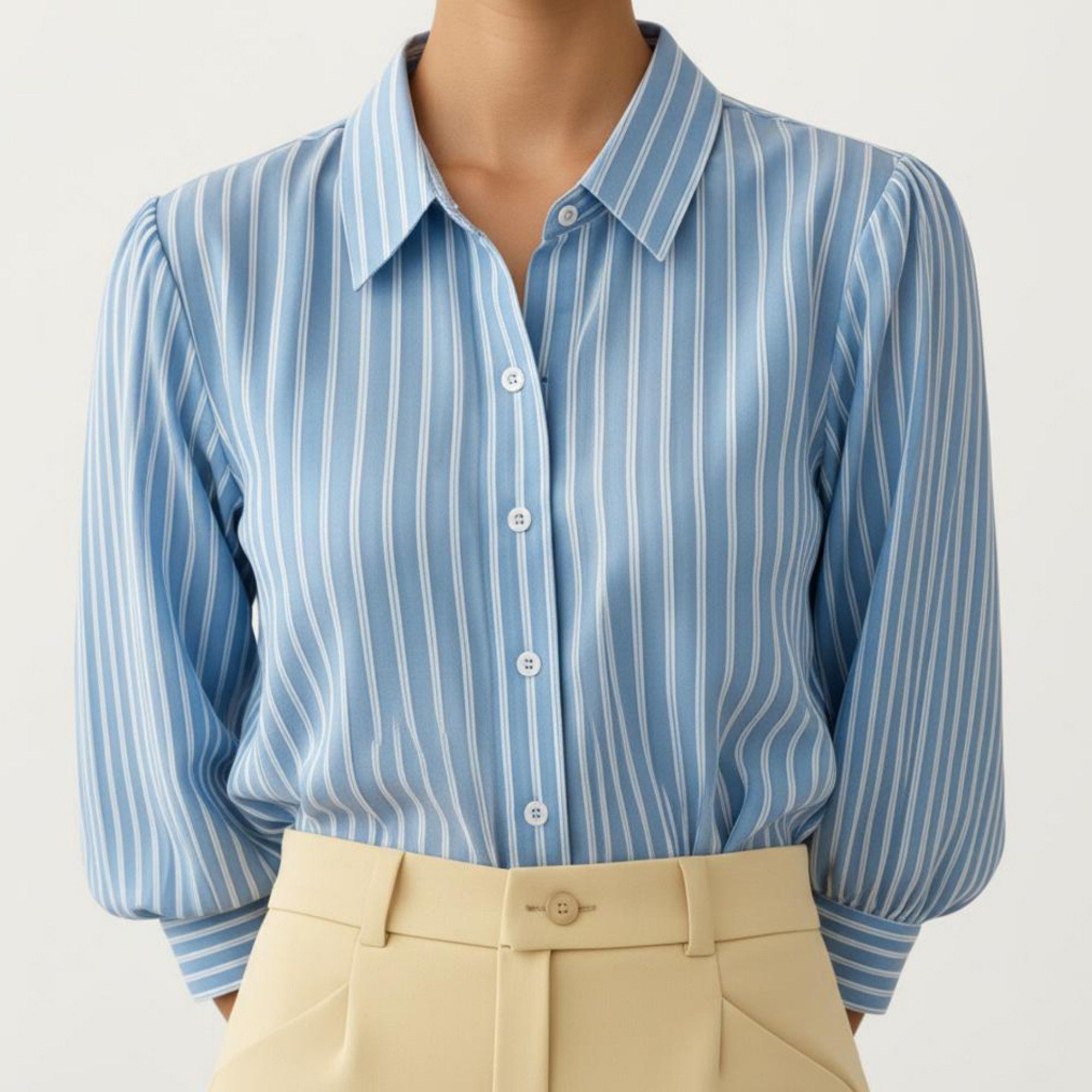 Anna-Kaci Women's Striped Button Down Blouse with Collared Neckline and Puff Sleeves