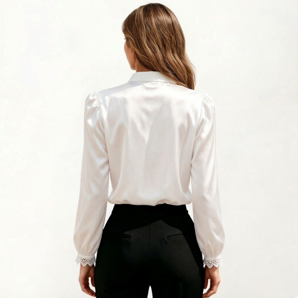 Anna-Kaci Women's Long Sleeve Blouse with Lace Trim Front and Puff Sleeve Cuffs