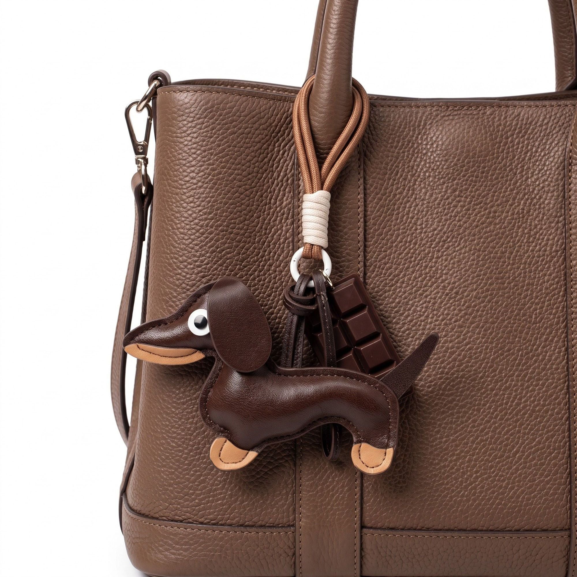 2-Piece Dachshund Dog Bag Charm Keychain Chocolate Bar Accent Rope Loop Purse Accessory