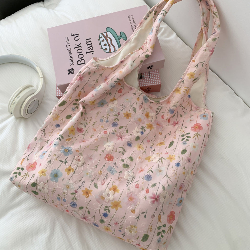 Embroidered Floral Tote Bag for Women, Lightweight Canvas Shoulder Bag for Everyday Use