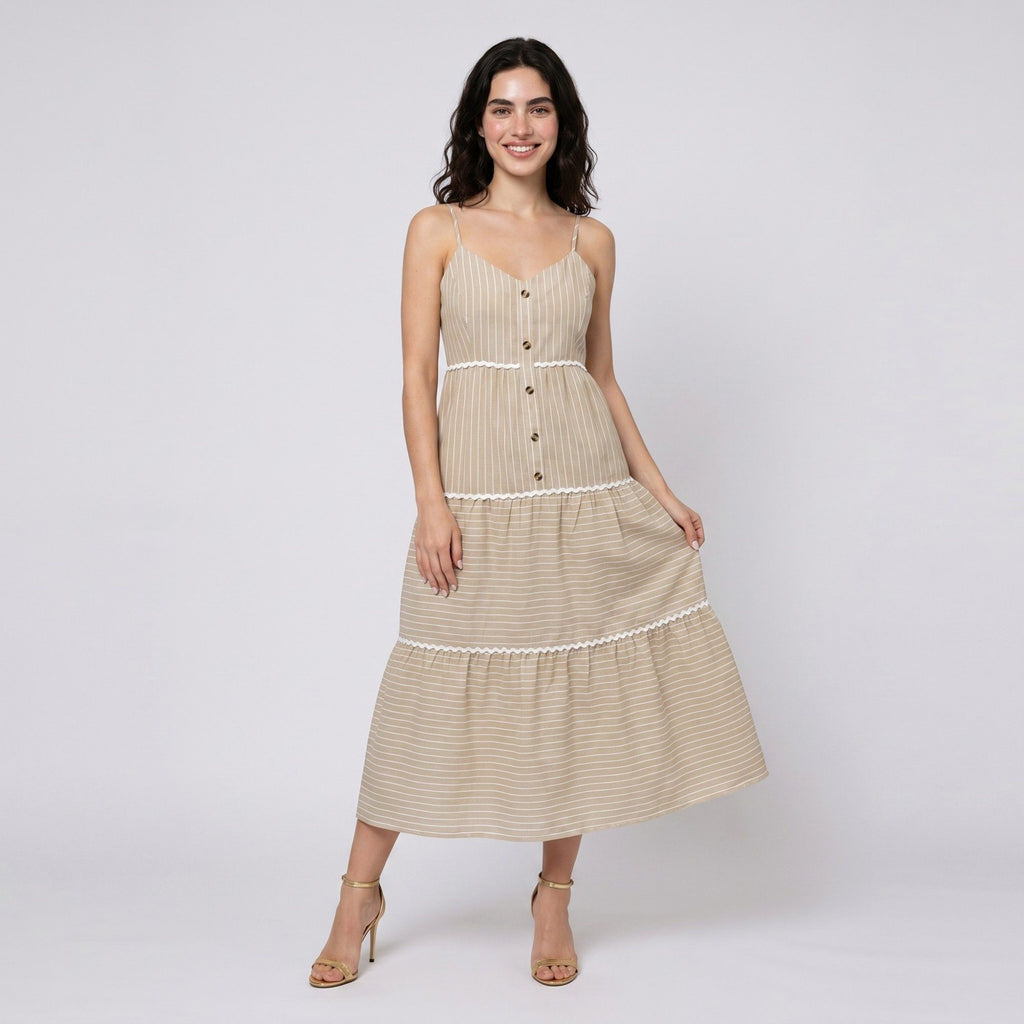 Striped Spaghetti Strap Button Front Midi Dress with Rickrack Trim Tiered Skirt and Flowy A Line Silhouette