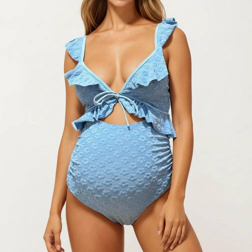 Anna-Kaci Swim Women's Maternity Ruffle One-Piece Swimsuit with Floral Detail and Front Tie