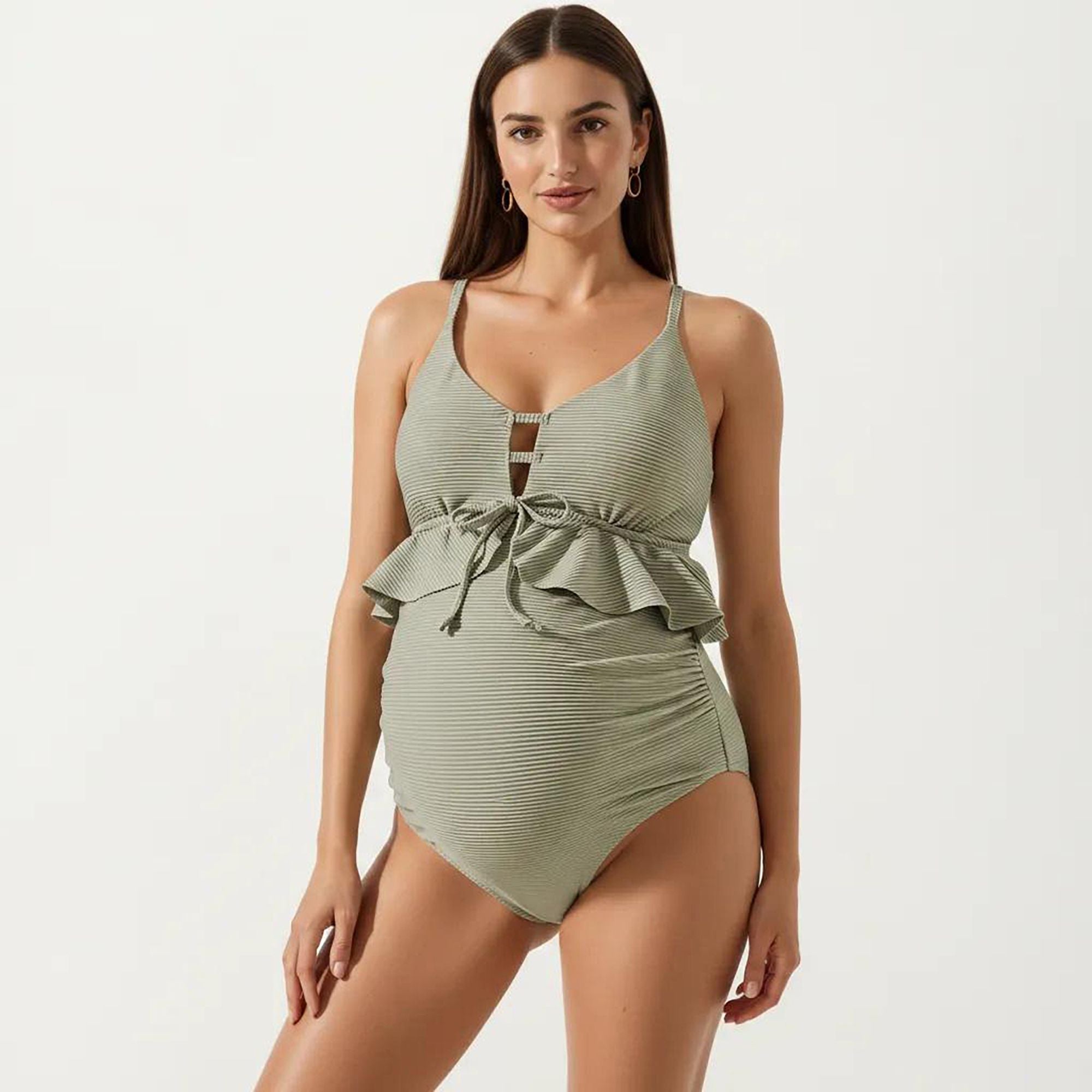 Anna-Kaci Swim Women's Maternity One-Piece Swimsuit with Ruffle Trim and Front Tie Detail