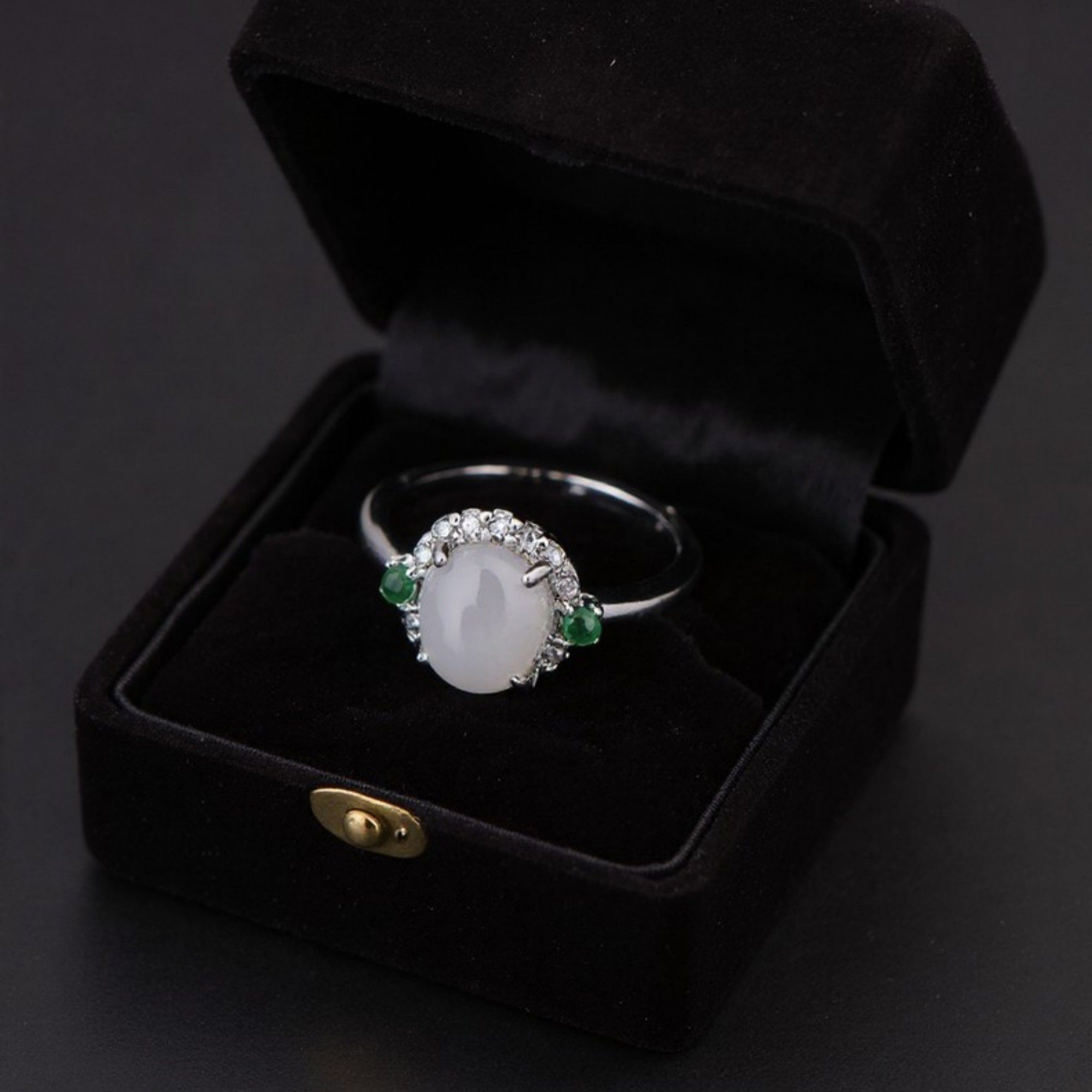 Women's White Jade Ring with Crystal Halo and Green Gemstone Accents