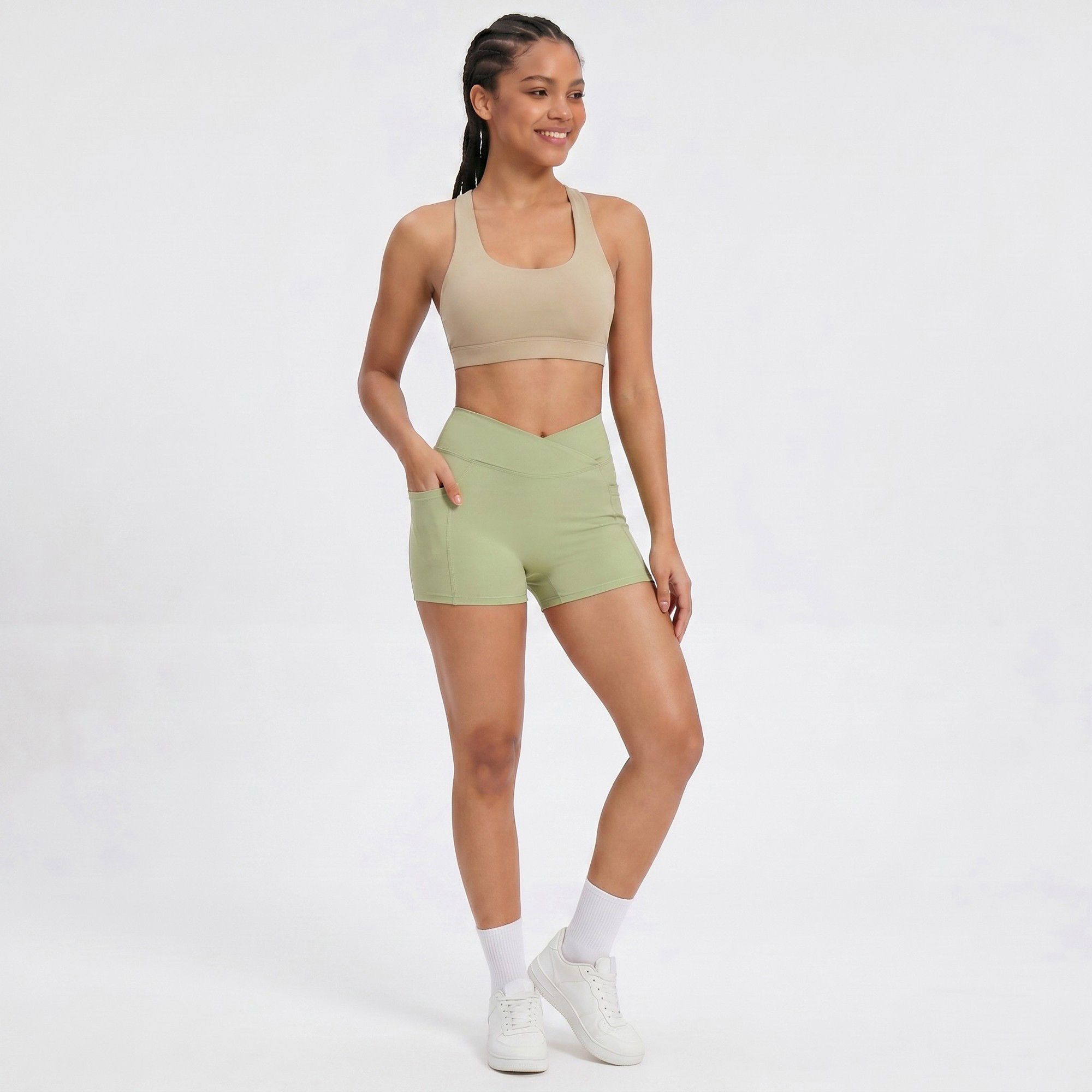 High Waist Crossover Waistband Pocket Workout Biker Shorts