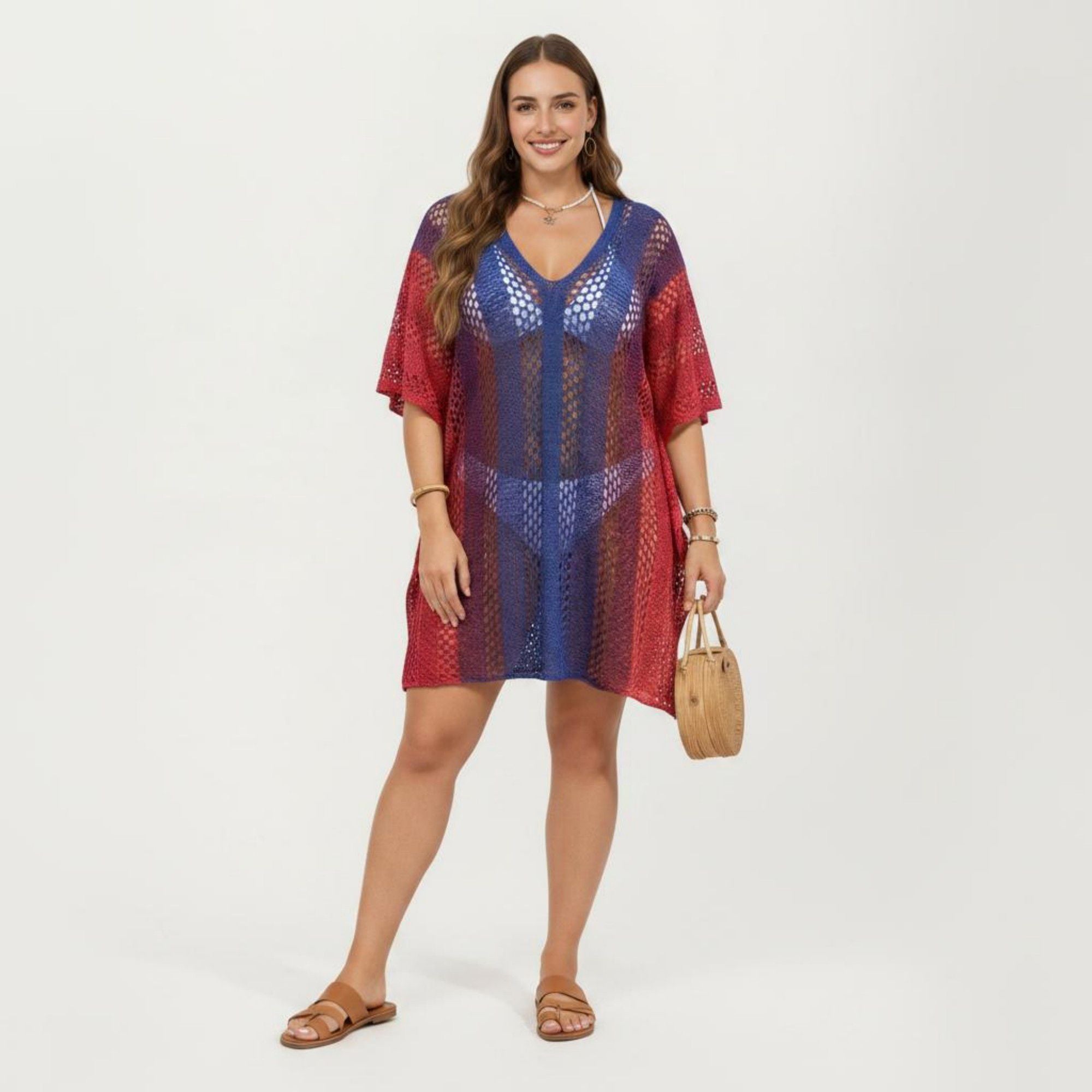 Anna-Kaci Women's Ombre Crochet Swim Cover Up Dress with Open Knit Mesh Design V Neck Short Sleeves Relaxed Fit