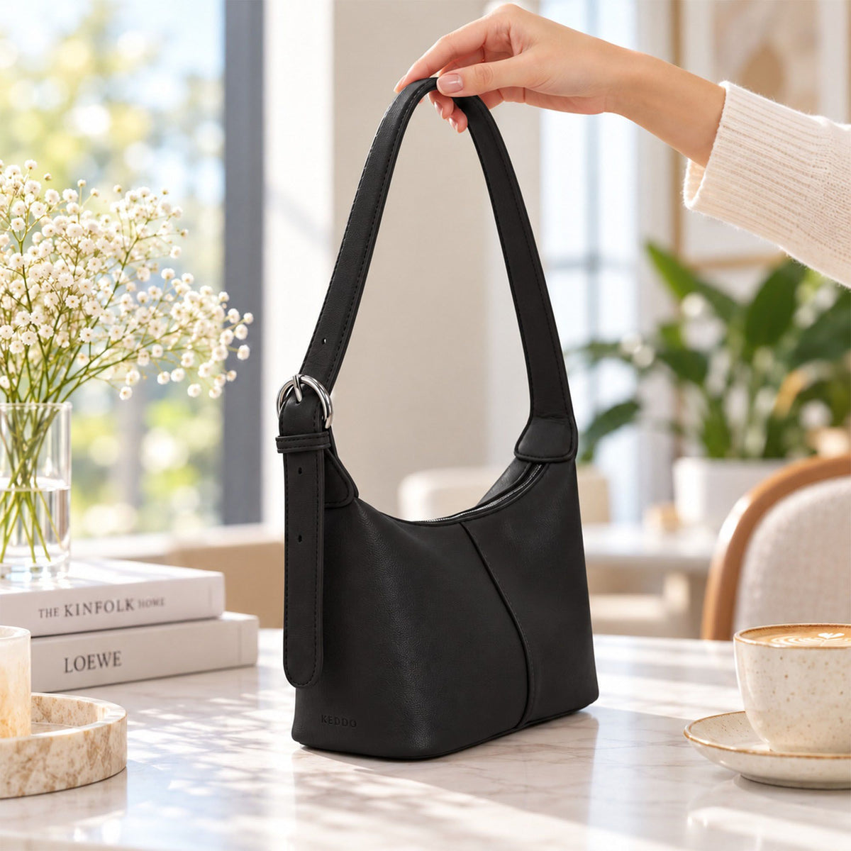 Small Shoulder Bag with Zip Closure Long Strap and Curved Top
