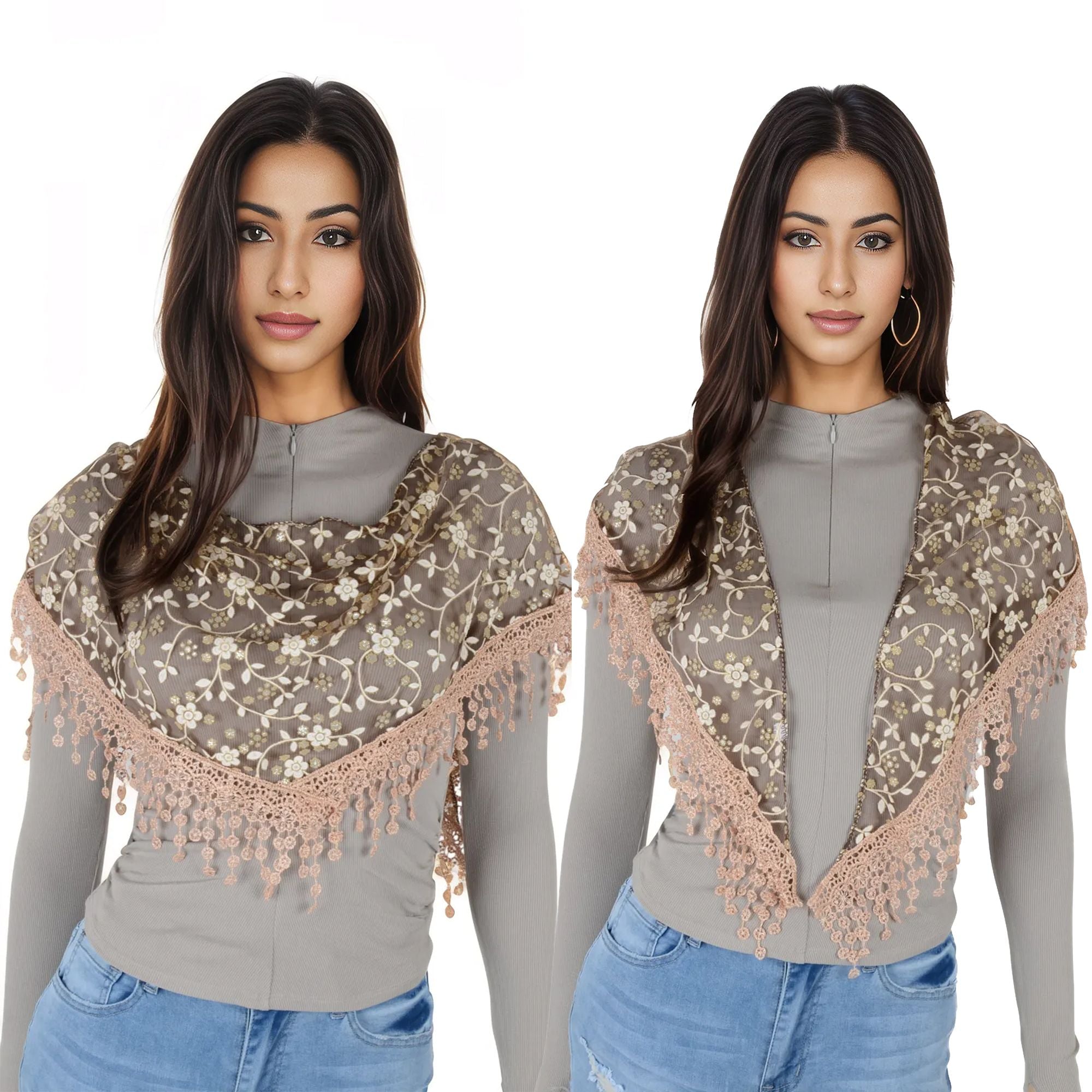 Anna-Kaci Lightweight Lace Floral Head Scarf Fringe Triangular Shawl Scarf Wrap Bandana for Women