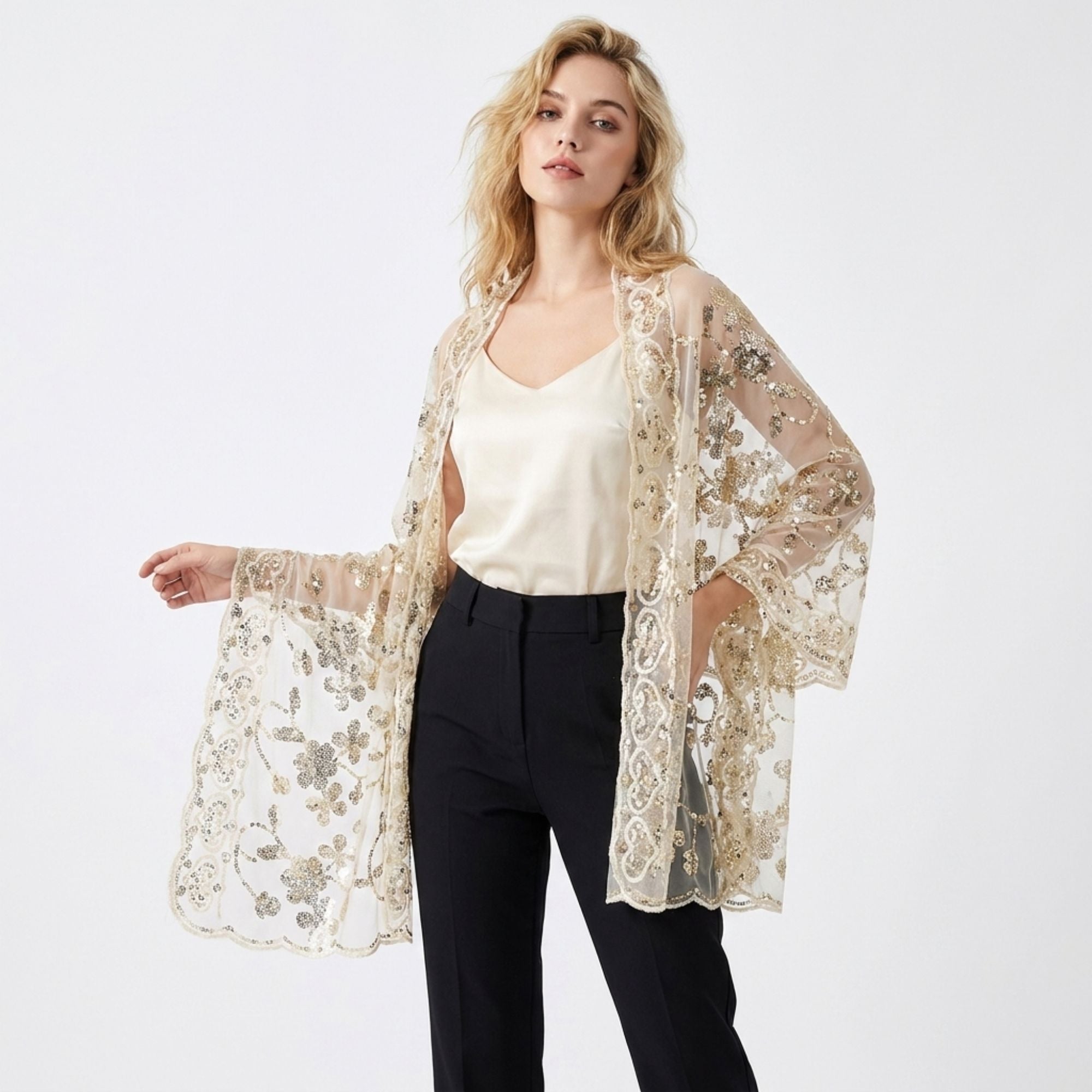 Sequin Shawl Wrap Sheer Mesh Evening Cover Up 75*23.5 Inches