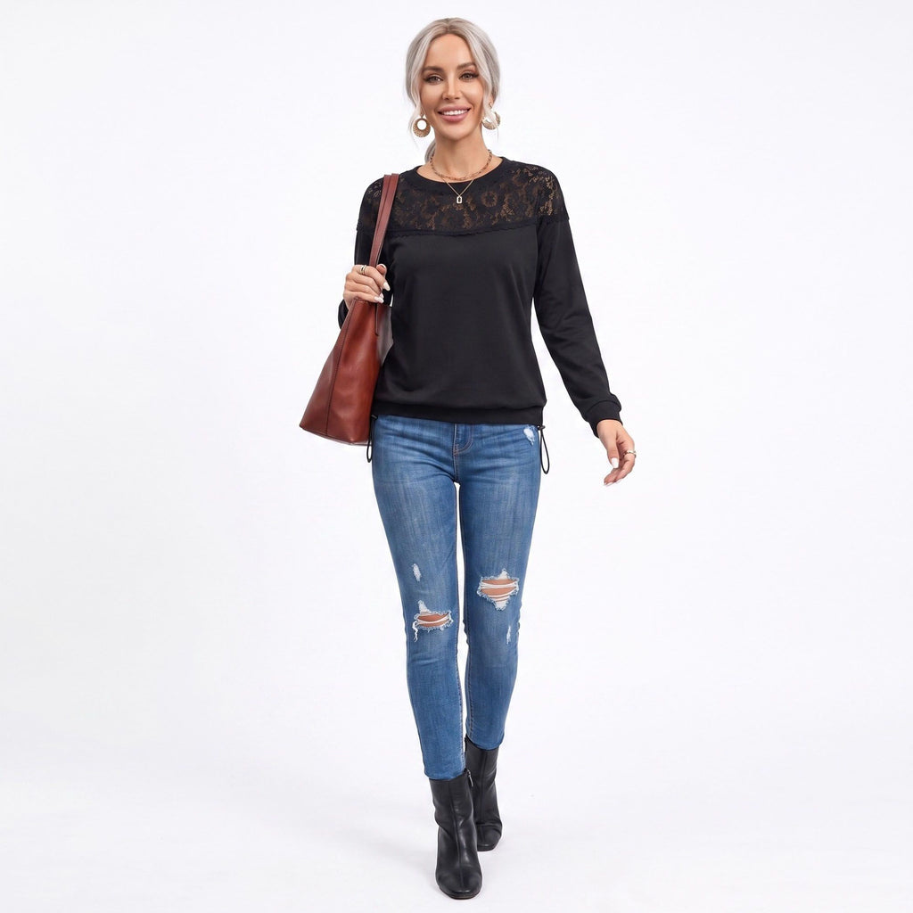 Lace Yoke Long Sleeve Top Crew Neck Relaxed Fit Pullover