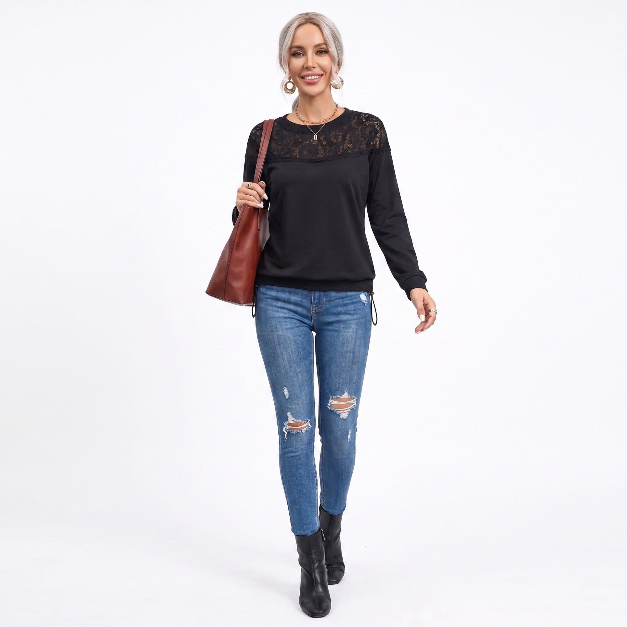 Lace Yoke Long Sleeve Top Crew Neck Relaxed Fit Pullover