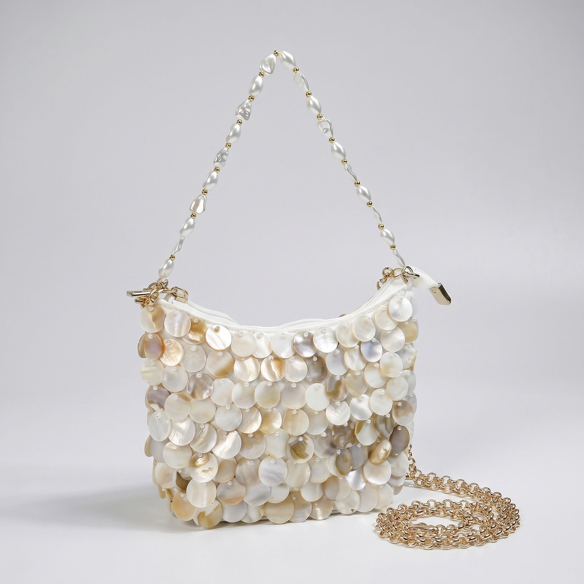 Paillette Crossbody Bag with Chain Strap Top Zip Closure Textured Disc Details