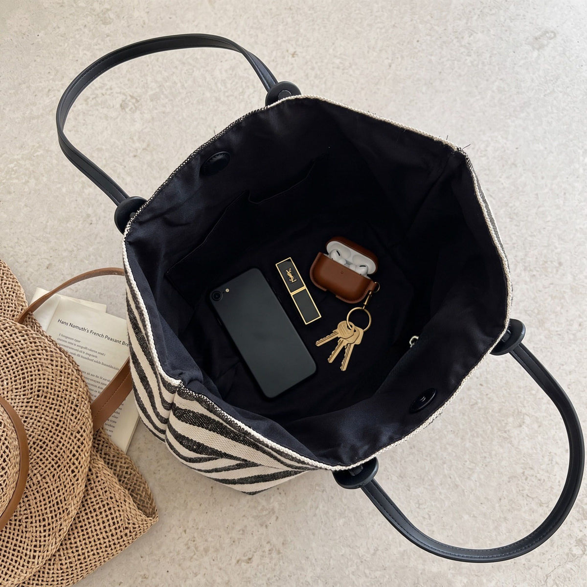 Striped Canvas Tote Bag with Long Shoulder Handles and Interior Pockets