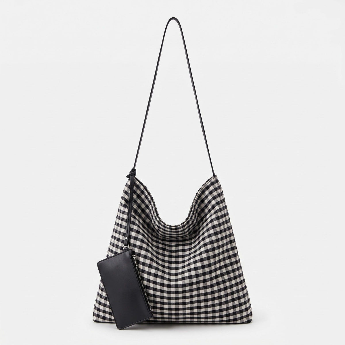 Gingham Hobo Shoulder Bag with Adjustable Strap and Detachable Zip Pouch