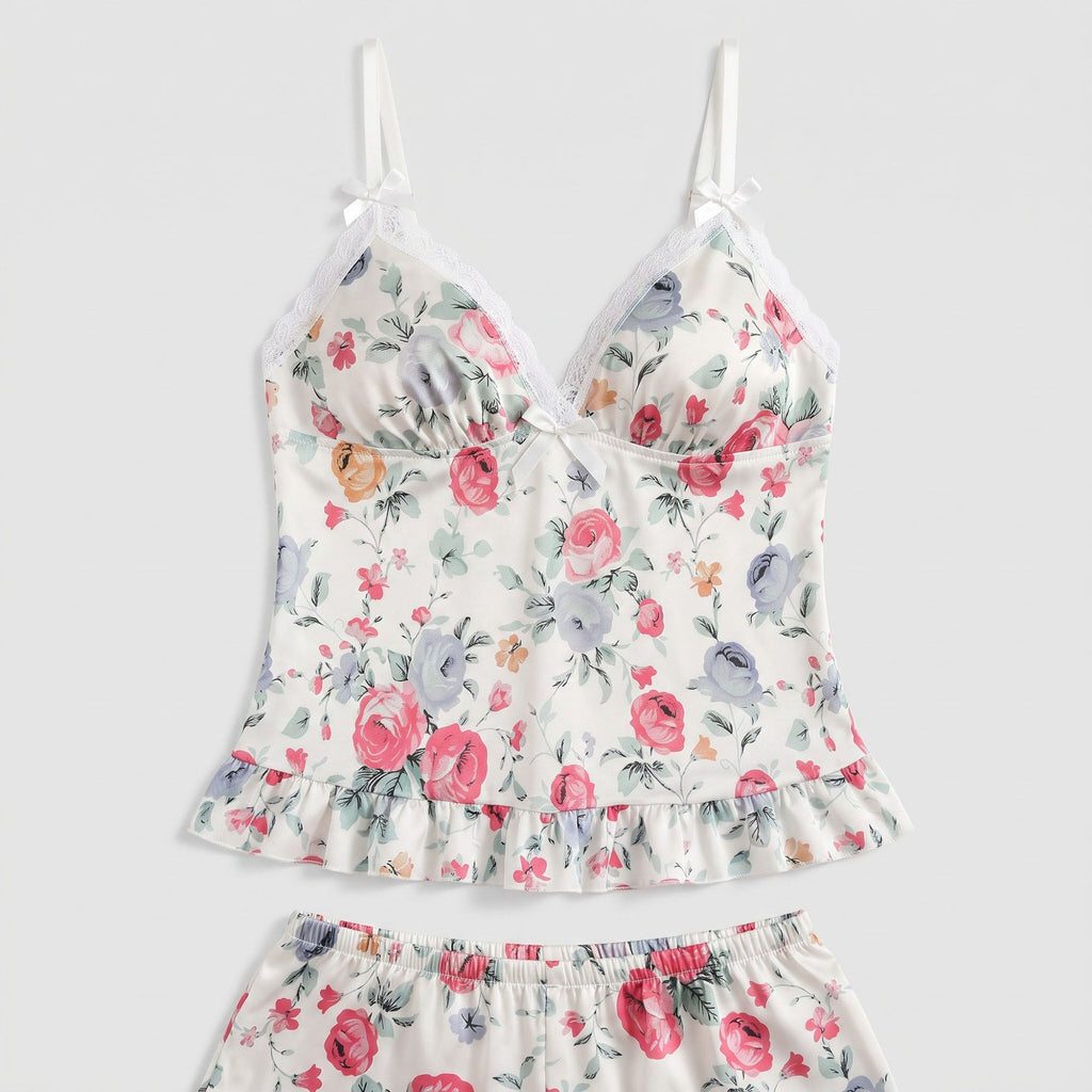 Floral Satin Ruffle Cami and Shorts Lingerie Set