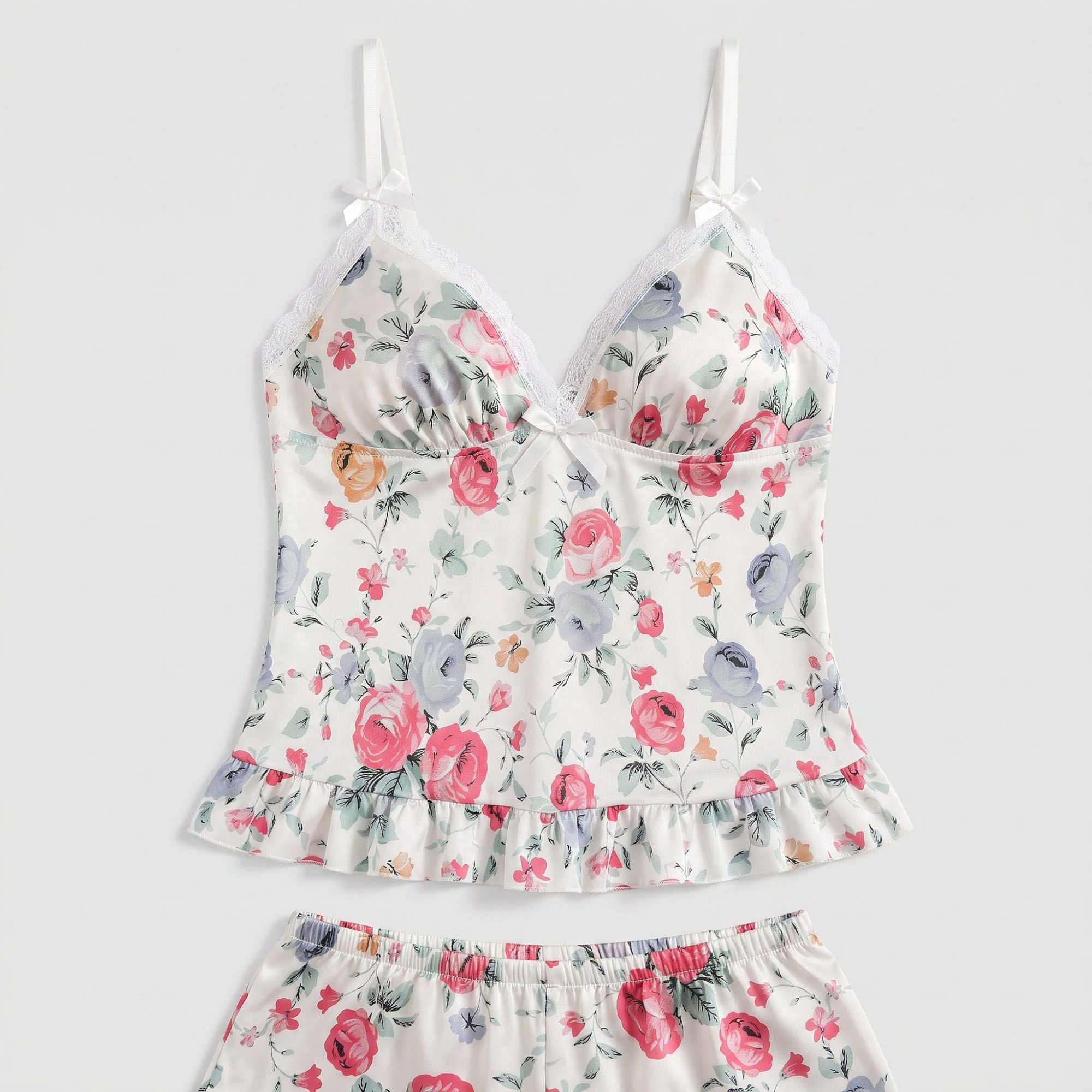 Floral Satin Ruffle Cami and Shorts Lingerie Set