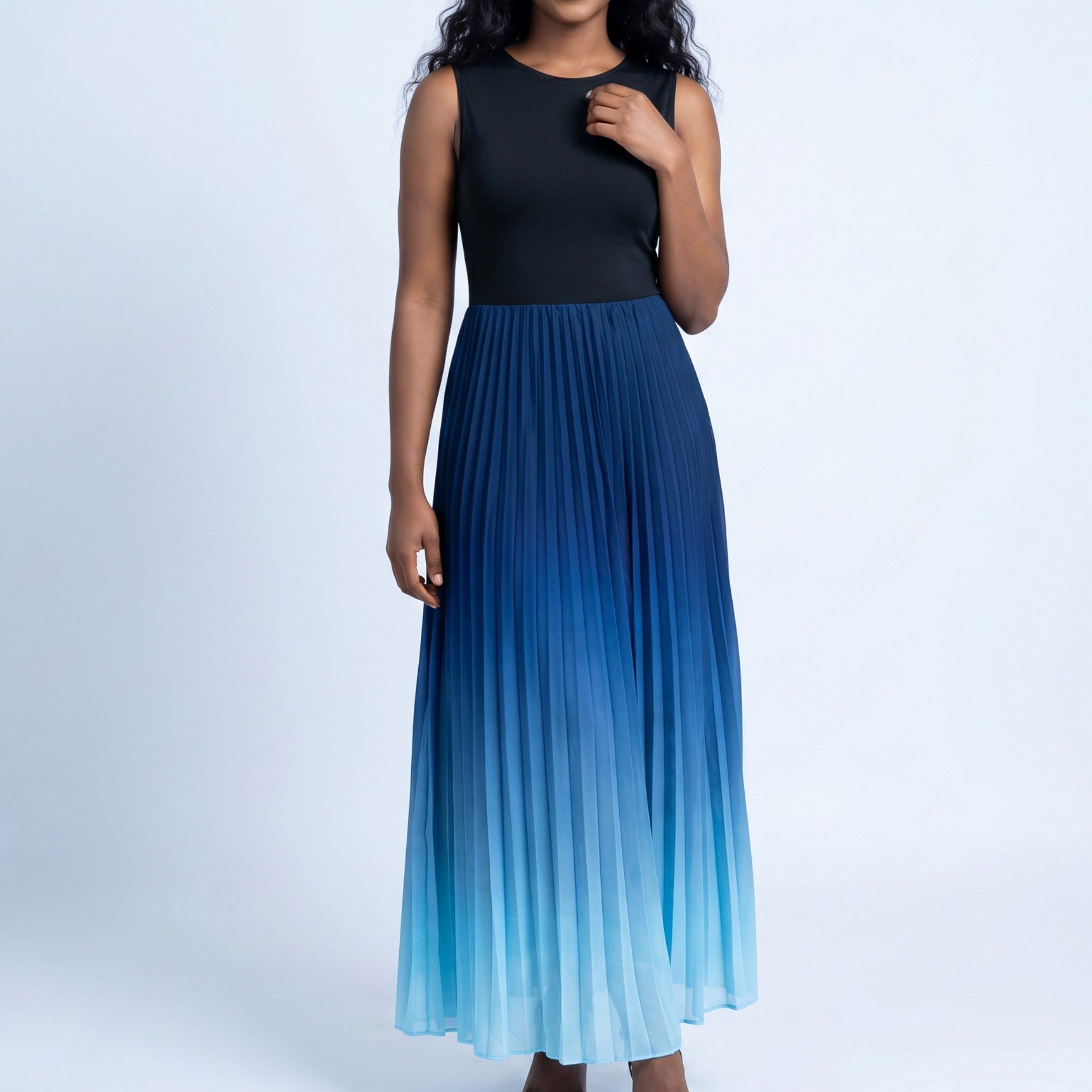 Anna-Kaci Women's Sleeveless High Neck Pleated Ombre A-Line Maxi Dress with Flowy Skirt