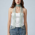 Sheer Embroidered Skinny Scarf with Floral Lace Trim and Long Neck Tie Design