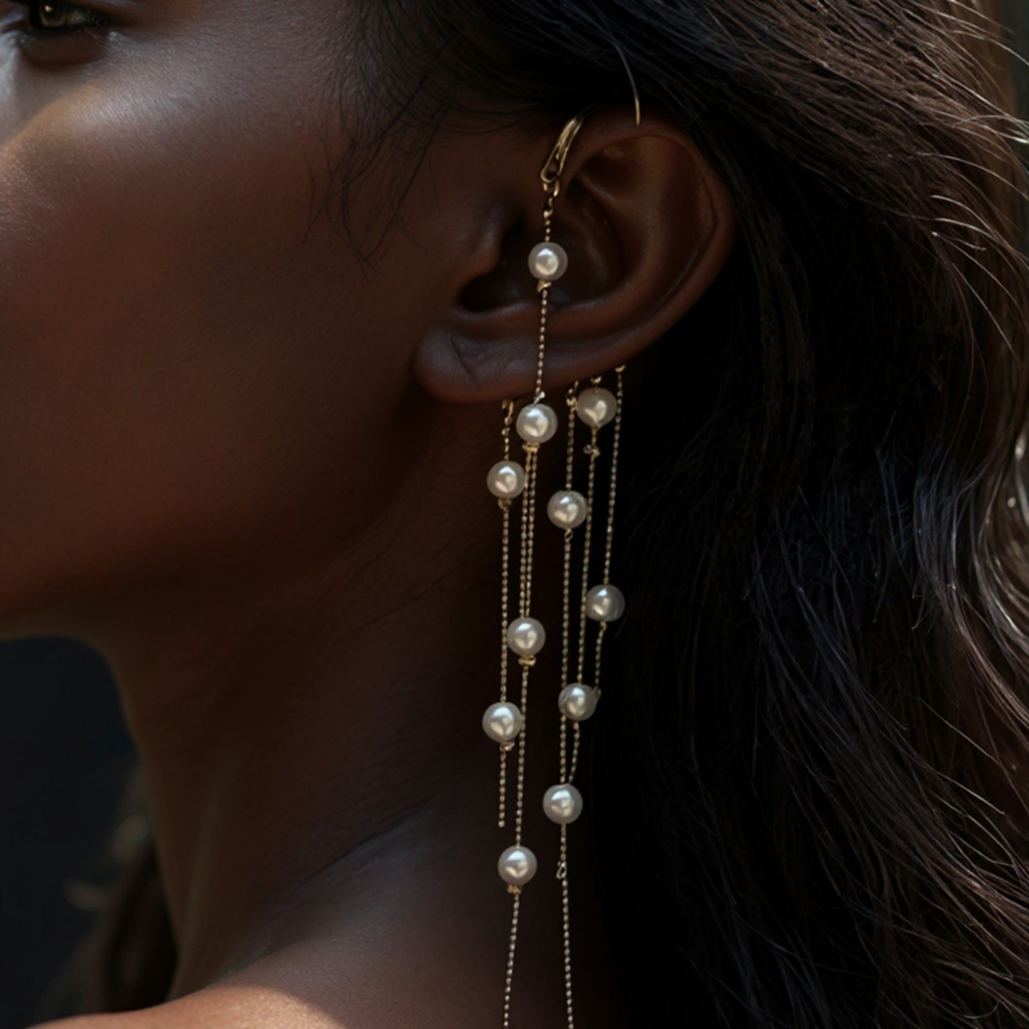 Women's Gold Tone Ear Cuff Drop Earrings with Layered Chains and Simulated Pearl Dangles