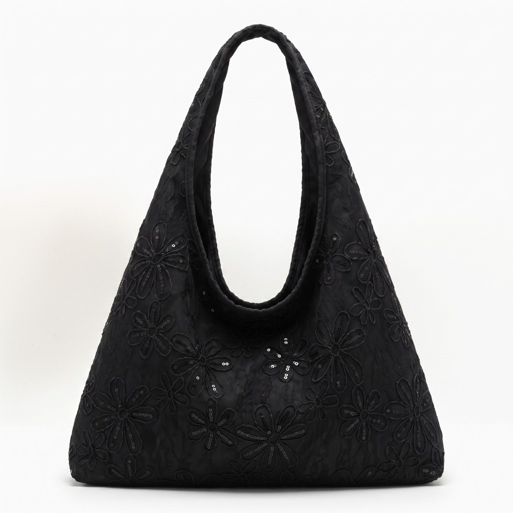 Floral Sequin Lace Slouchy Hobo Bag 15.5x10.5x4.5in
