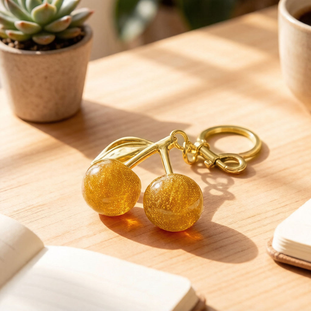 Cherry Charm Keychain with Glitter Fruit Pendant Gold Tone Clip and Key Ring Bag Accessory